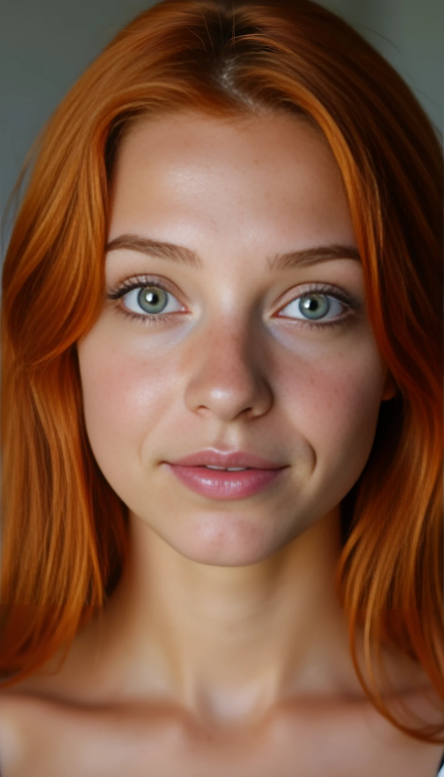 A portrait photo of a beautiful 20 years old model, mixed ethnicity of half white American half Brazilian, with soft red hair, emerald green eyes, light freckles across her nose, perfect glassy skin, ultra detailed eyes with sharp iris reflections, slight smile, studio-quality, extremely realistic HD