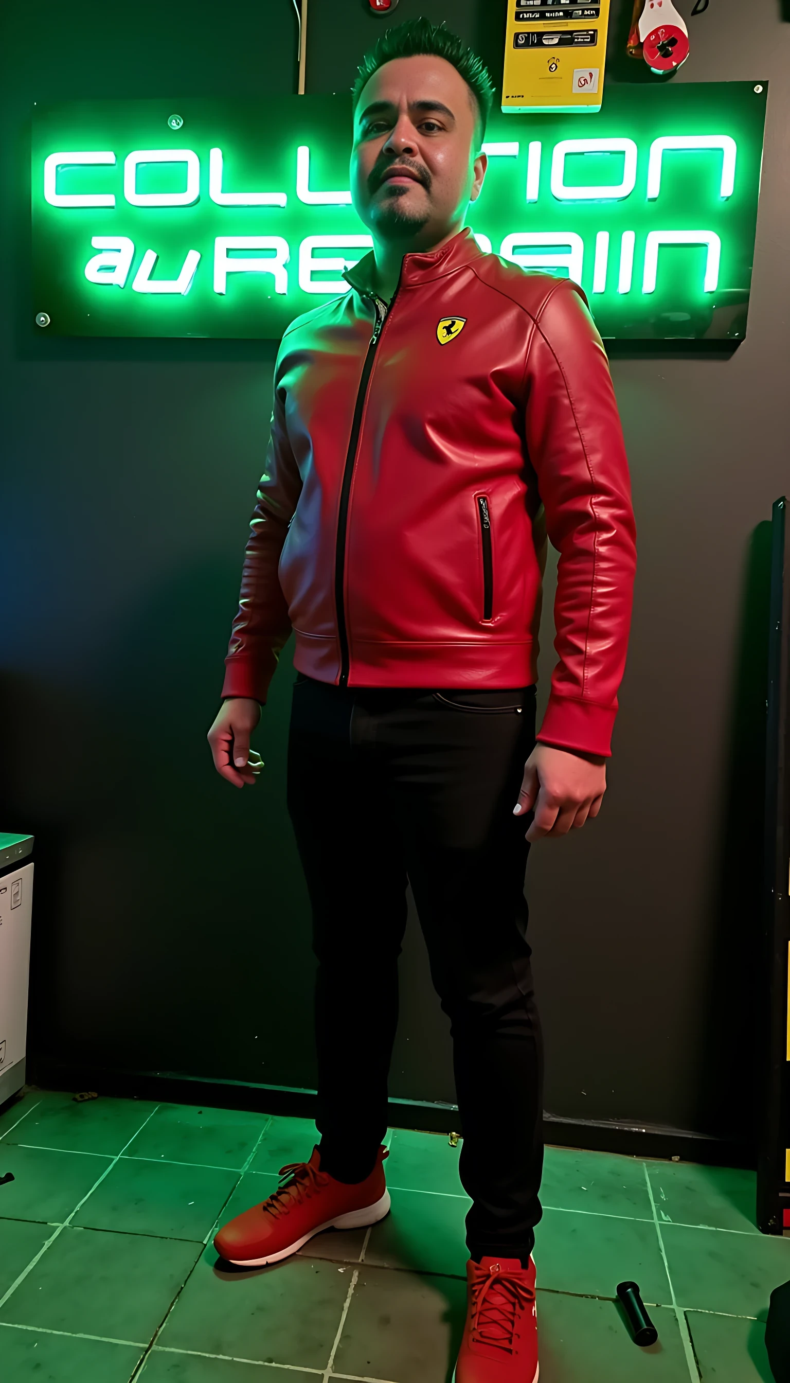CSTMDL average man body  standing wearing a red leather jacket with a Ferrari logo and black jeans red tenis shoes with a green neon light sign that’s says  A4 COLLISION REPAIR.