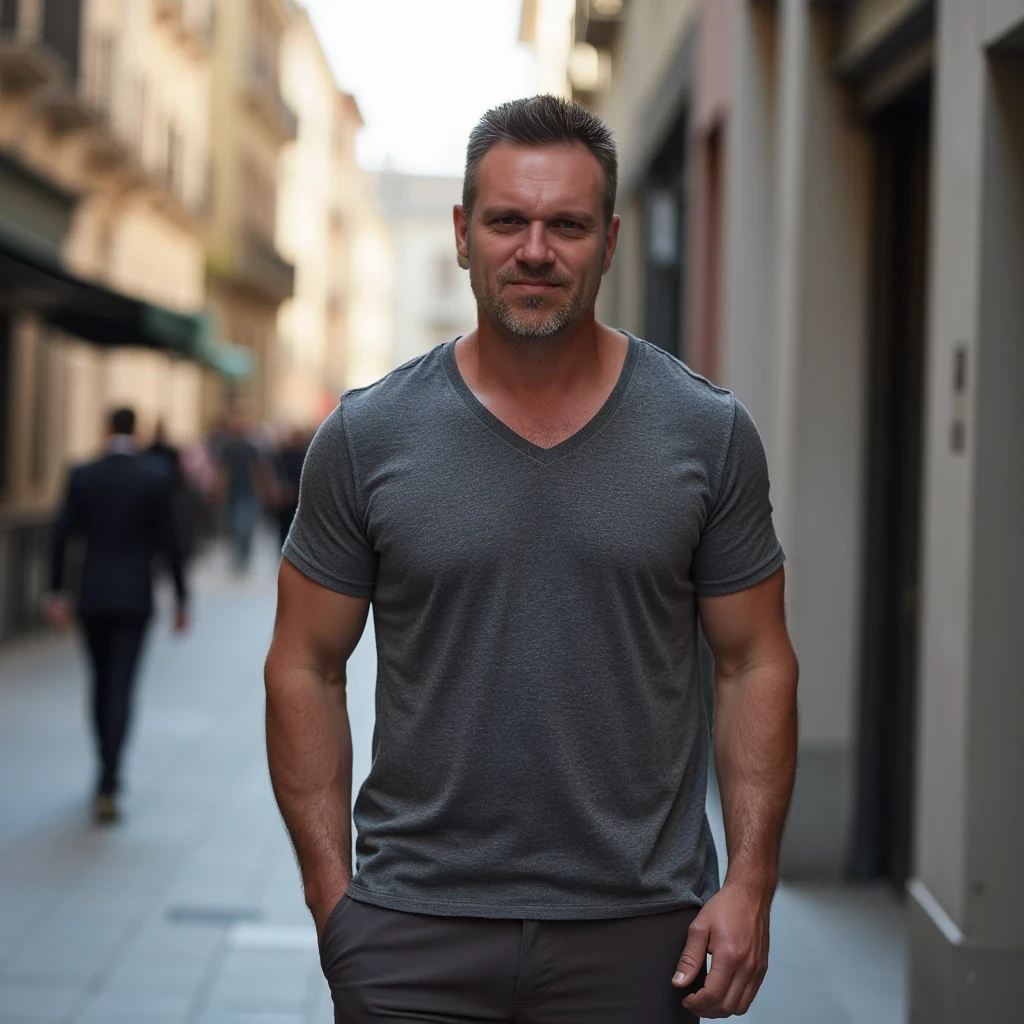 Portrait of 35 year old fit man walking on street