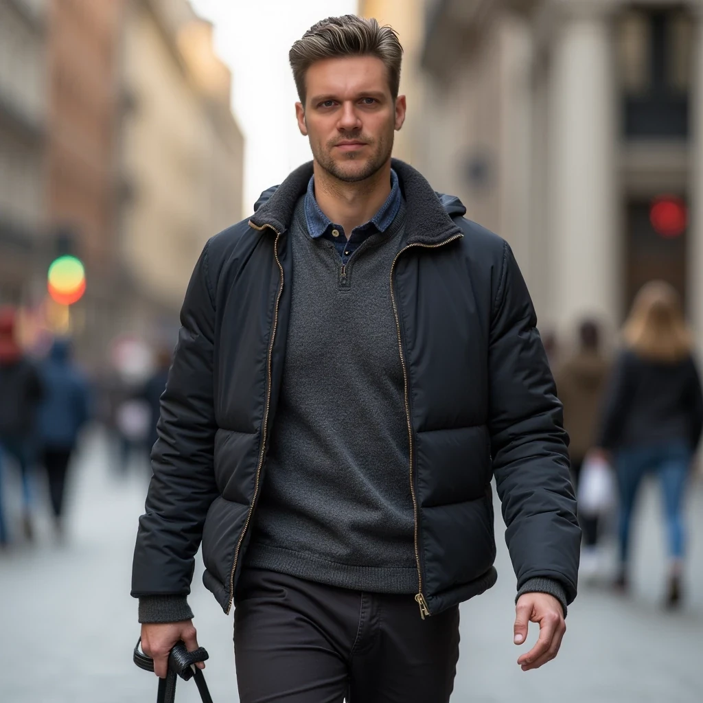 Portrait of 35 year old fit man walking on street