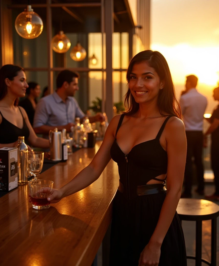 CSTMDL woman bartending at a high-end rooftop lounge in the city during golden hour fading into night. She’s standing behind the center of the bar, smiling warmly as she hands a freshly made cocktail in a short whiskey glass to a customer across the bar. The scene is viewed from a natural corner angle — you can see several patrons around the bar talking, laughing, and holding drinks, giving the photo a lively, social energy. The setting feels upscale yet relaxed, with golden light reflecting off bottles and glassware and soft city bokeh visible beyond the terrace. Her outfit is a fitted black corset-style bartender top with thin straps — elegant, confident, subtly sexy. Realistic iPhone-style lighting, candid motion, cinematic warmth, and natural depth of field.
–no studio lighting, no overexposure, no plastic skin, no duplicate faces, no exaggerated anatomy.