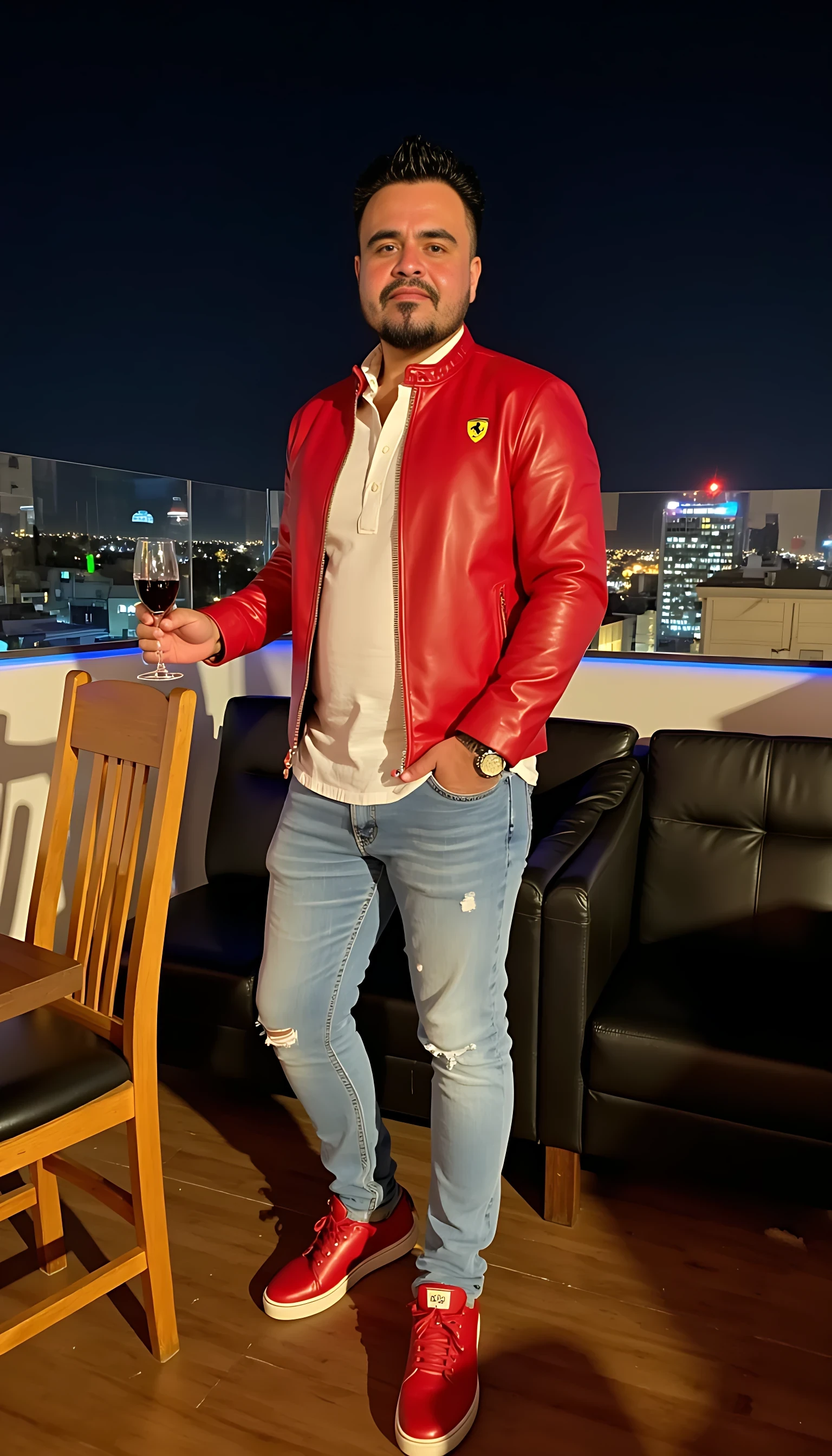  CSTMDL Man body wearing light blue jeans a red leather jacket with a Ferrari logo  red tenis shoes wearing a rolex watch standing on a nice restaurant  with a glass of wine on a rooftop city night lights  clear background 