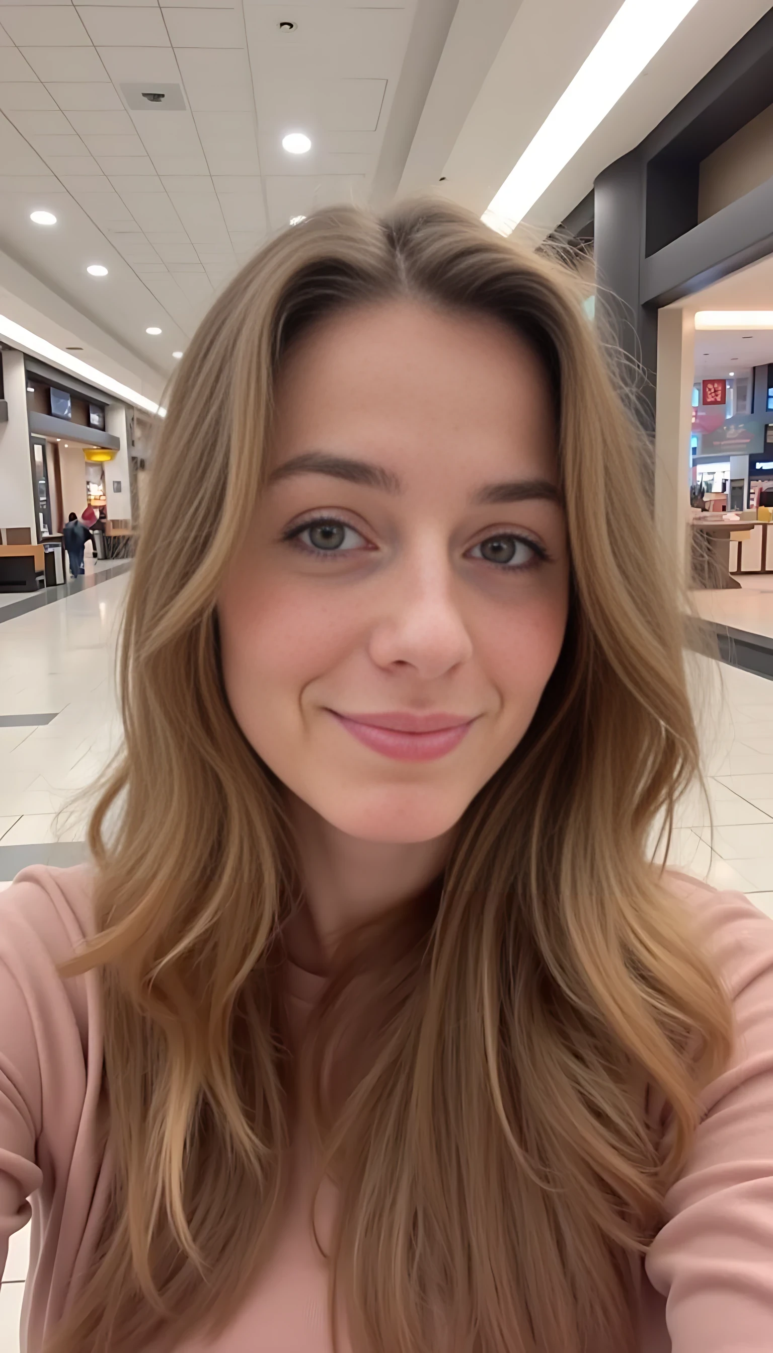 boring low quality snapchat photo circa 2015, average looking woman, soft light brown hair, mall background