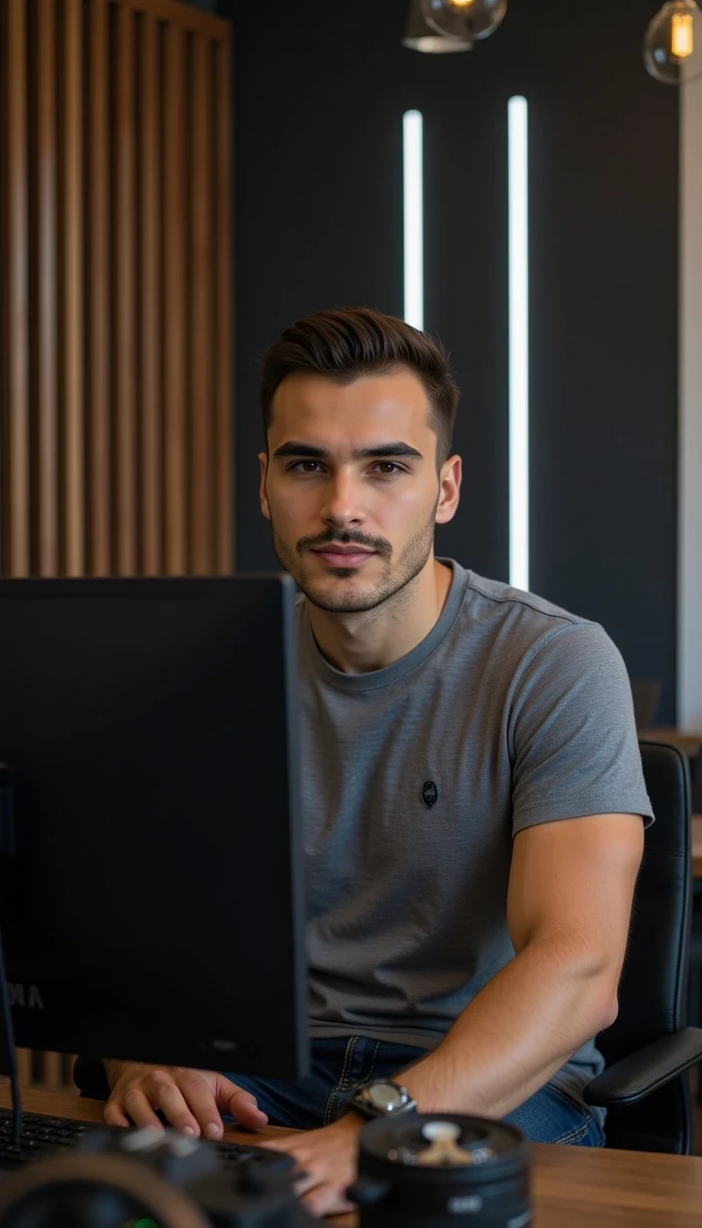 a full body of a young, handsome man. He has a symmetrical oval face, clean and well-defined jawline, neatly groomed short brown hair styled upwards, and light stubble beard. His eyebrows are dark and sharp, his eyes medium-sized, brown and expressive, with a confident yet approachable look. His lips are full and well-shaped, with a natural calm smile.

The man has an athletic, fit body with broad shoulders and toned arms. He is wearing a casual modern outfit: a fitted grey t-shirt (ZARA style) and slim jeans. He is sitting in his Photorealistic modern office interior, shot with a professional wide-angle lens. A sleek matte black desk with a 34-inch curved monitor sits at the center. Behind the desk, the wall is covered with vertical black wooden lamellas, with integrated LED light strips glowing in a soft pale blue color between them. Realistic textures of wood and matte finishes, soft reflections on the monitor and desk surface, natural shadows, high dynamic range lighting, ultra-detailed, 8K resolution, cinematic look

The photo feels cinematic, influencer-style, high quality, professional composition.
Well lit picture, Style: Photorealistic Lighting: studio lighting 
Details: Bright Lighting, High Detail, 4K
he stand infront of camera , photoghraped by a photograph
