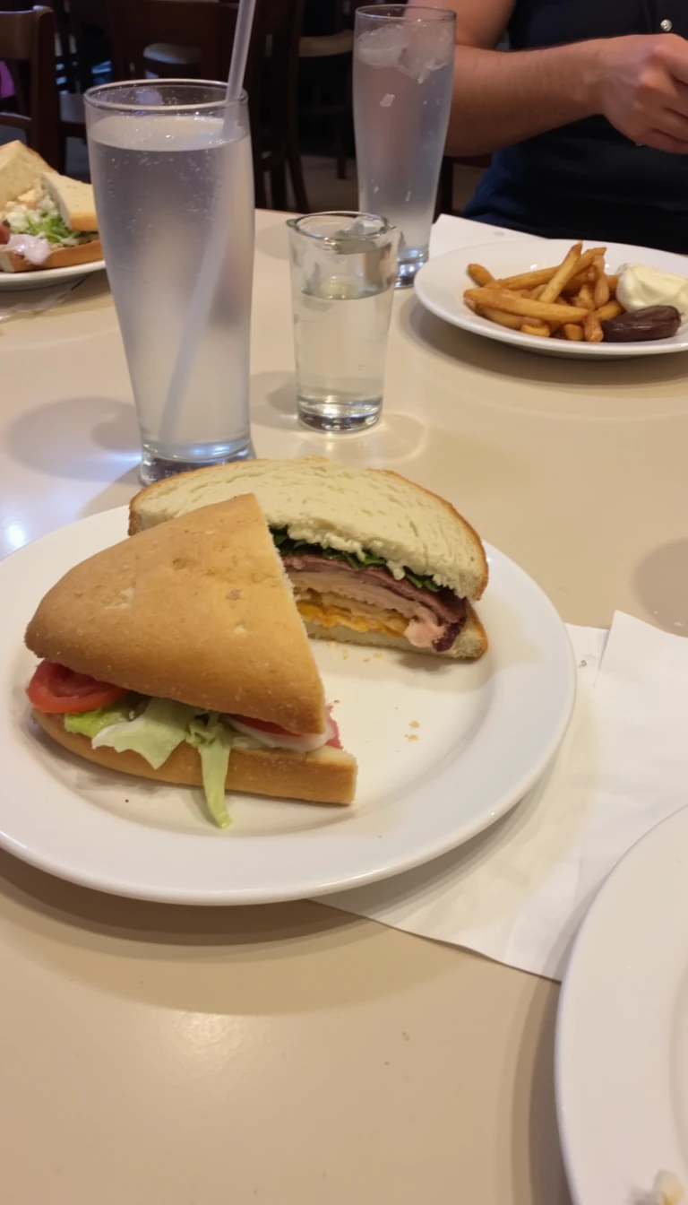boring low quality snapchat photo circa 2015, this picture is being taken in a restaurant. The picture is of sandwich with a glass of water next to it. There are other food dishes and drink glasses on the table as well.  All the food dishes are white.