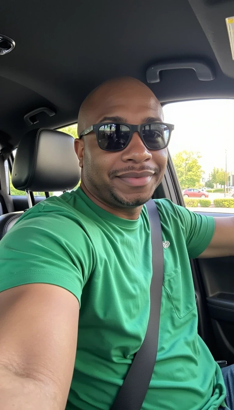 Reality filter , green t shirt, sunglasses,view of carter sitting in Lambo, smiling and same face of Carter with bald head, real look, cstmdl