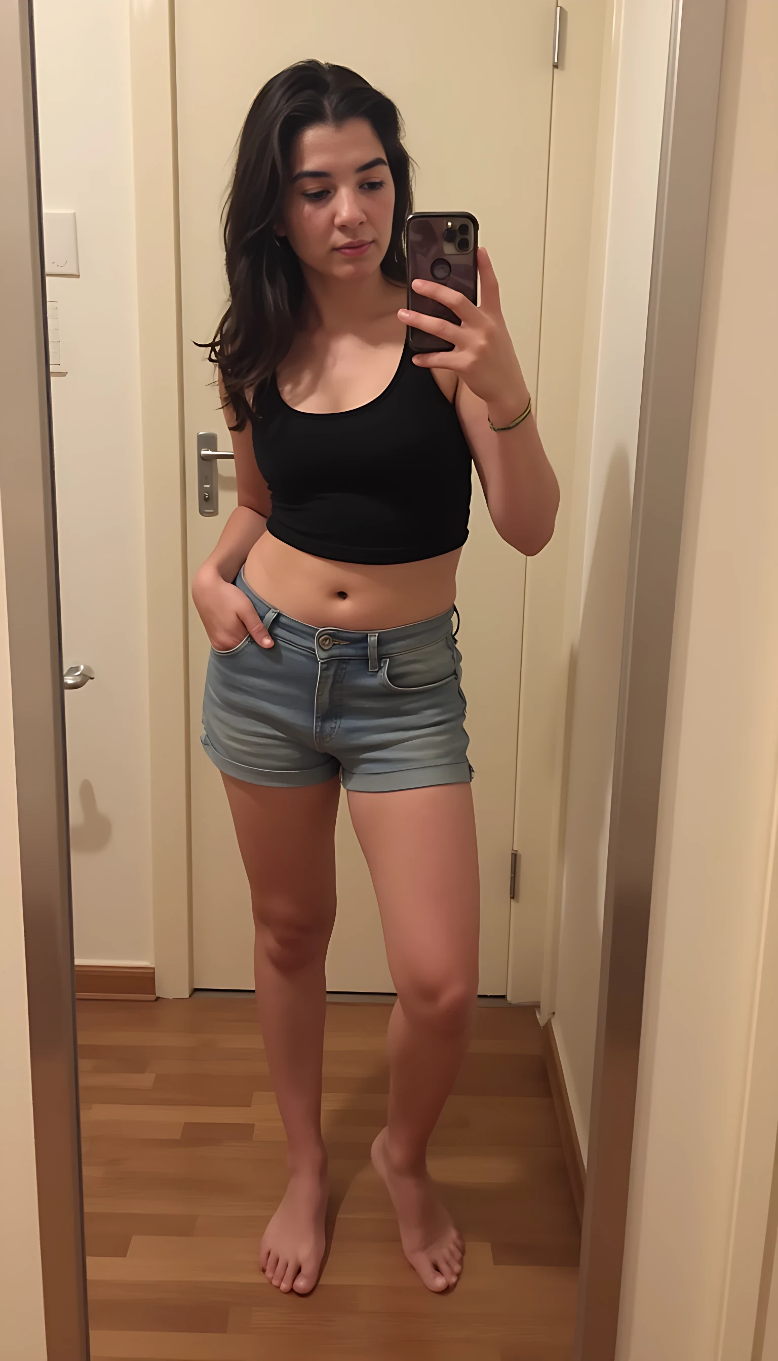 boring low quality snapchat photo circa 2015, A young woman with a thin body , wide hips and big thighs. Wearing Jean shorts and crop top,Taking a selfie of her body in mirror