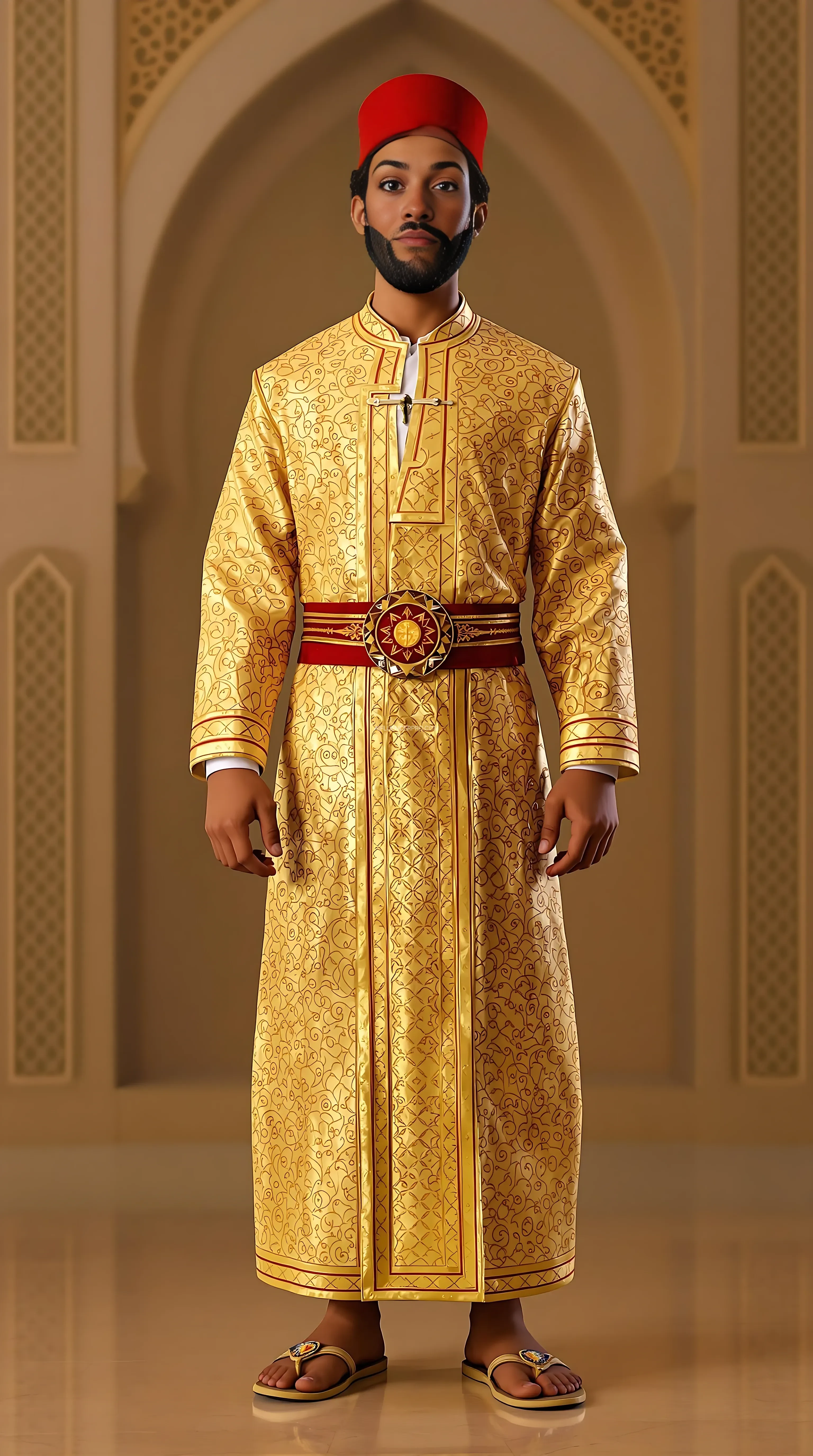 Create a 3D avatar of a Moroccan cultural guide from the Saadian dynasty period, dressed in a traditional golden embroidered djellaba with a red fez. The character should have medium-brown skin, curly black hair, and wear traditional Moroccan slippers (balgha). The backdrop includes Moroccan architectural motifs like arches and mosaics