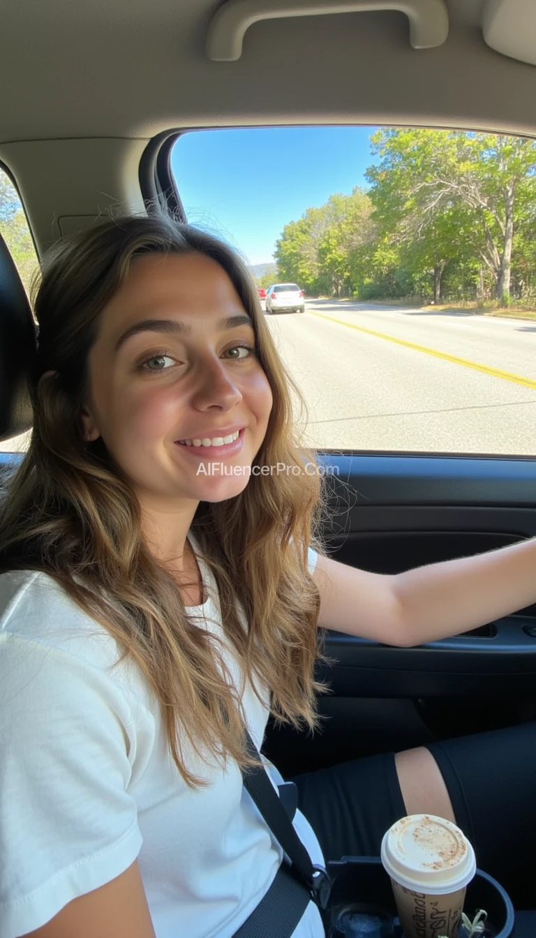 boring low quality snapchat photo circa 2015, A young woman with a warm smile, sitting in the driver's seat of a cozy car. She has soft, wavy brown hair cascading past her shoulders. The sunlight streams through the window, casting a gentle glow on her face. The interior of the car is neat and comfortable, with a coffee cup in the cup holder and a small plant on the dashboard. The background outside the window shows a scenic road lined with trees and blue skies