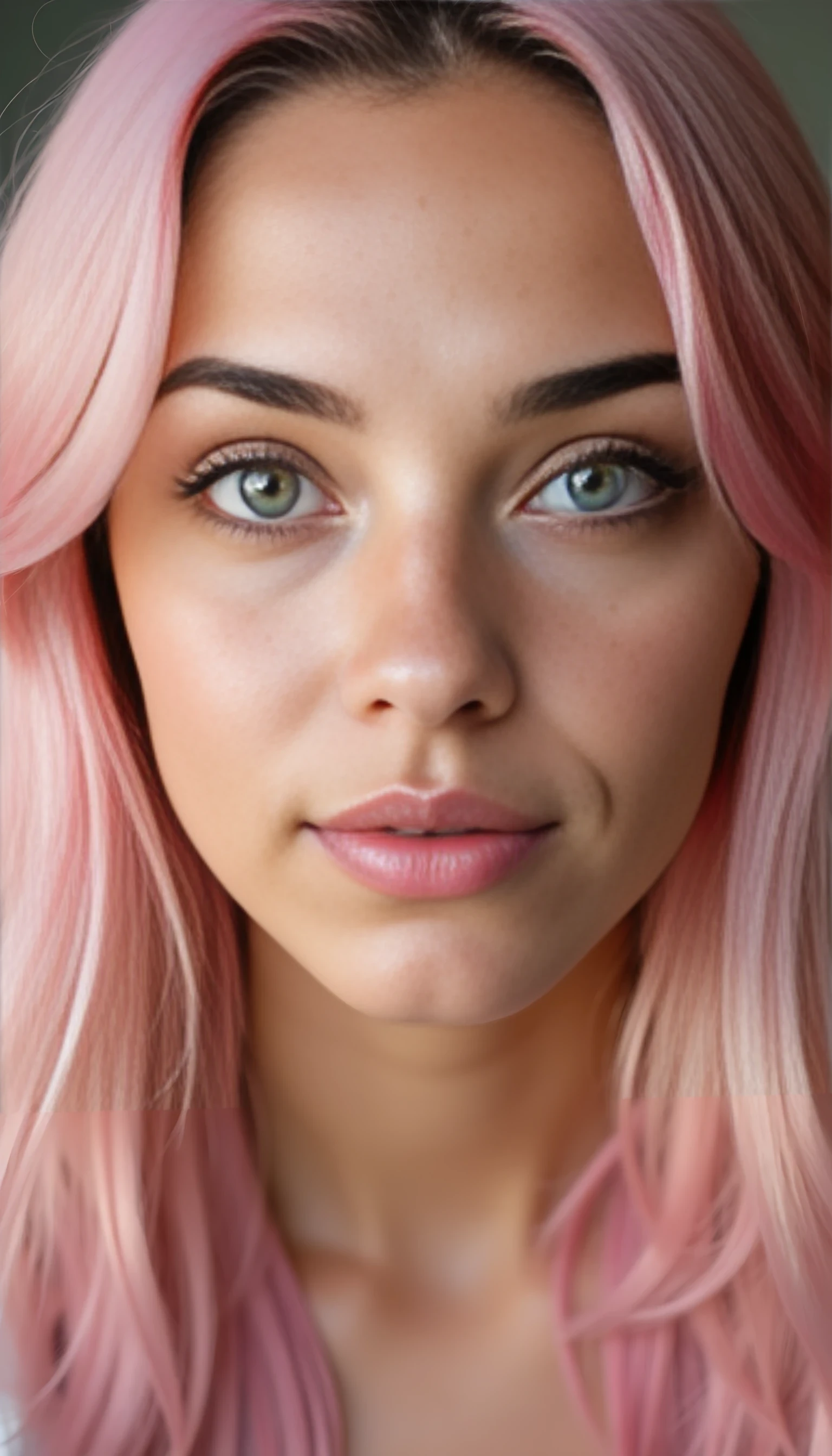 A portrait photo of a beautiful 22 years old model, mixed ethnicity of half white American half Brazilian, with natural pastel pink hair, bright jade green eyes, subtle freckles on her cheeks, ultra detailed eyes with sharp iris reflections, slight smile, studio-quality, extremely realistic HD