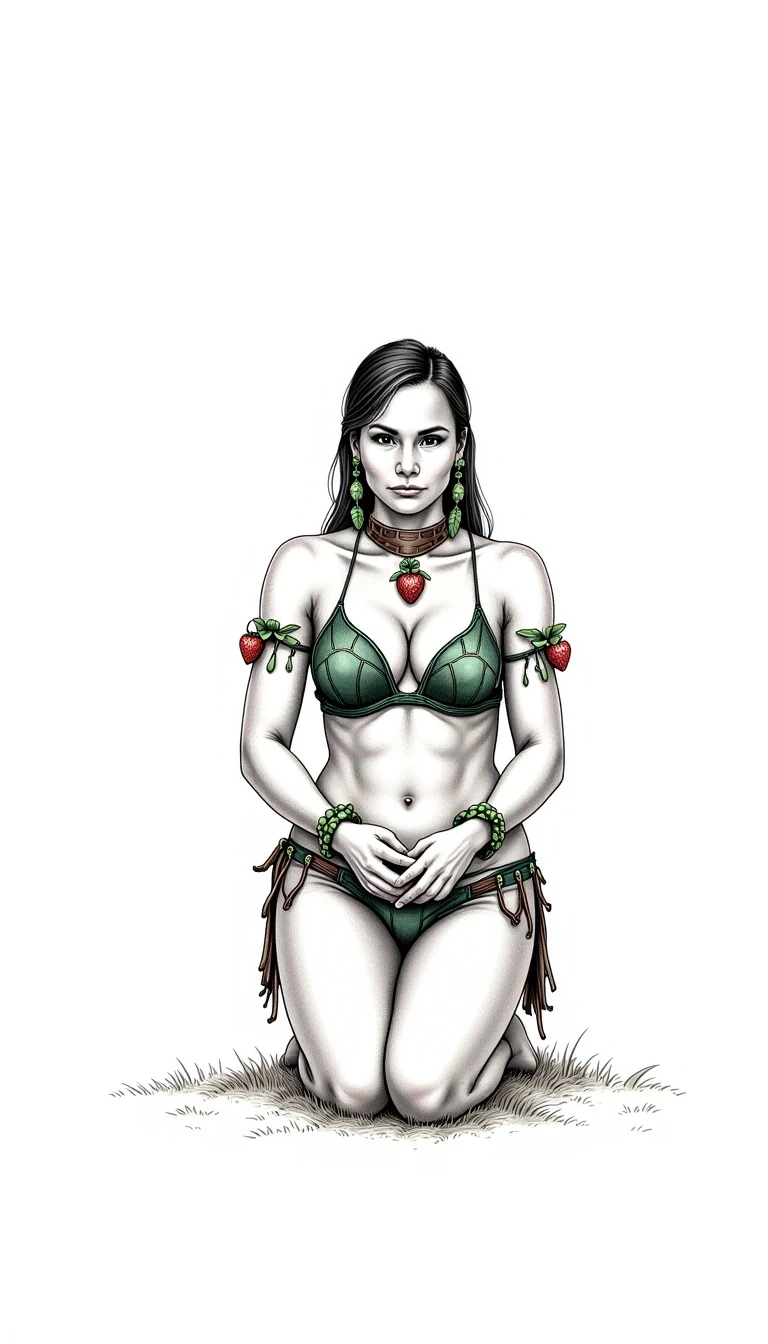 Handdrawn black and white ink line art of CSTMDL ... a 25-year-old native American woman. The woman who is Native American in appearance has light tan skin tone, she is 5 foot 8 inches tall, small breasts, flat chest, her nipples are small petite and dark skinned with long hard pointy nipple ducts that visiblly poke through her bra. She is wearing her hair in a native American style with 2 long braids. She is wearing real strawberry earrings. She is wearing a wide leather choker with a strawberry hanging from it. She is wearing a top that consists of two real snapping turtle shells shaped like turtle shells with a defined rigid esthetic exterior on the surface in a dark green palette, a turtle shell fitted over each breast, they only cover her nipples, her turtle shells are strung together only in the middle of her chest there are no strings on her shoulders to turn them both into a bra. They look rigid and tough. They are real turtle shells. There are real vines with strawberries hanging from outfit real vines with strawberries on them. The woman has vines and strawberries wrapped loosely around each arm. She is kneeling on the ground with legs spread apart towards the camera. She is maintaining intense eye contact with the camera staring stoically without any other expression at all. The composition captures a casual, candid moment, romantic setting, Hyper realism, captured with a nikon d850, 16k, uhd, ultra-sharp focus, depth of field, perfect meshes and textures, highly detailed, highly accurate reflections, volumetric fog, volumetric lighting, volumetric light, hdr, ray tracing, cinematic shooting style,
