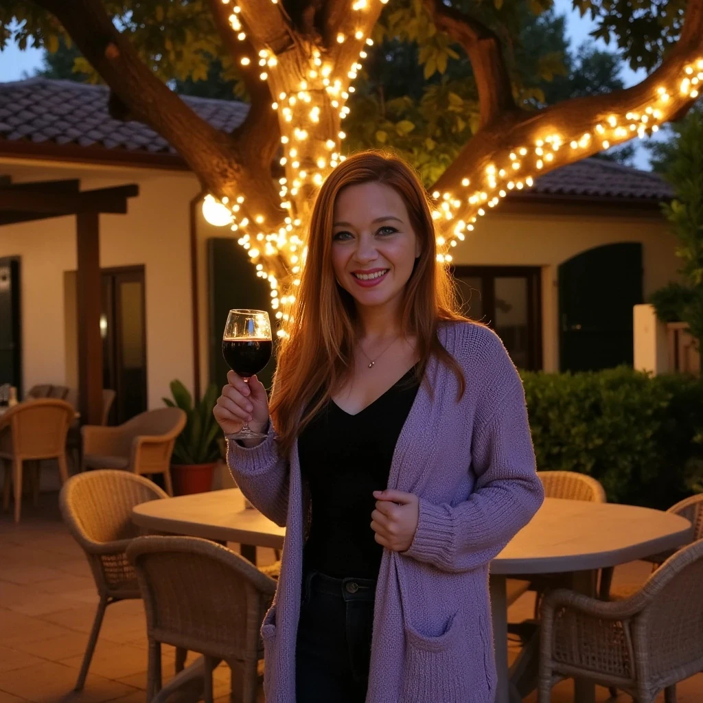 A full body shot photo of a woman standing outdoors at a cozy, warmly lit patio in the evening, with soft, glowing lights wrapped around a tree behind them creating a charming atmosphere. The image is rich in detail, with warm tones and clear textures throughout. The woman has fair skin, a slim build, and long reddish-blonde hair, also worn loose. She is smiling warmly at the camera, holding a glass of red wine in her right hand, and wears a soft-textured lavender cardigan over a black top. The background features a large tree with sparkling string lights wrapped around its trunk and branches, adding a magical touch to the scene. The setting suggests a private outdoor seating area, with elements like terracotta-tiled roofing, greenery, and rattan chairs contributing to a serene, inviting vibe. The overall composition is balanced, with the woman framed against the softly glowing tree, and the lighting enhances the warm, intimate feel of a quiet evening shared among friends. The details are vivid, with textures of clothing, skin, and background elements clearly visible, while the warm lighting creates a relaxed and joyful mood