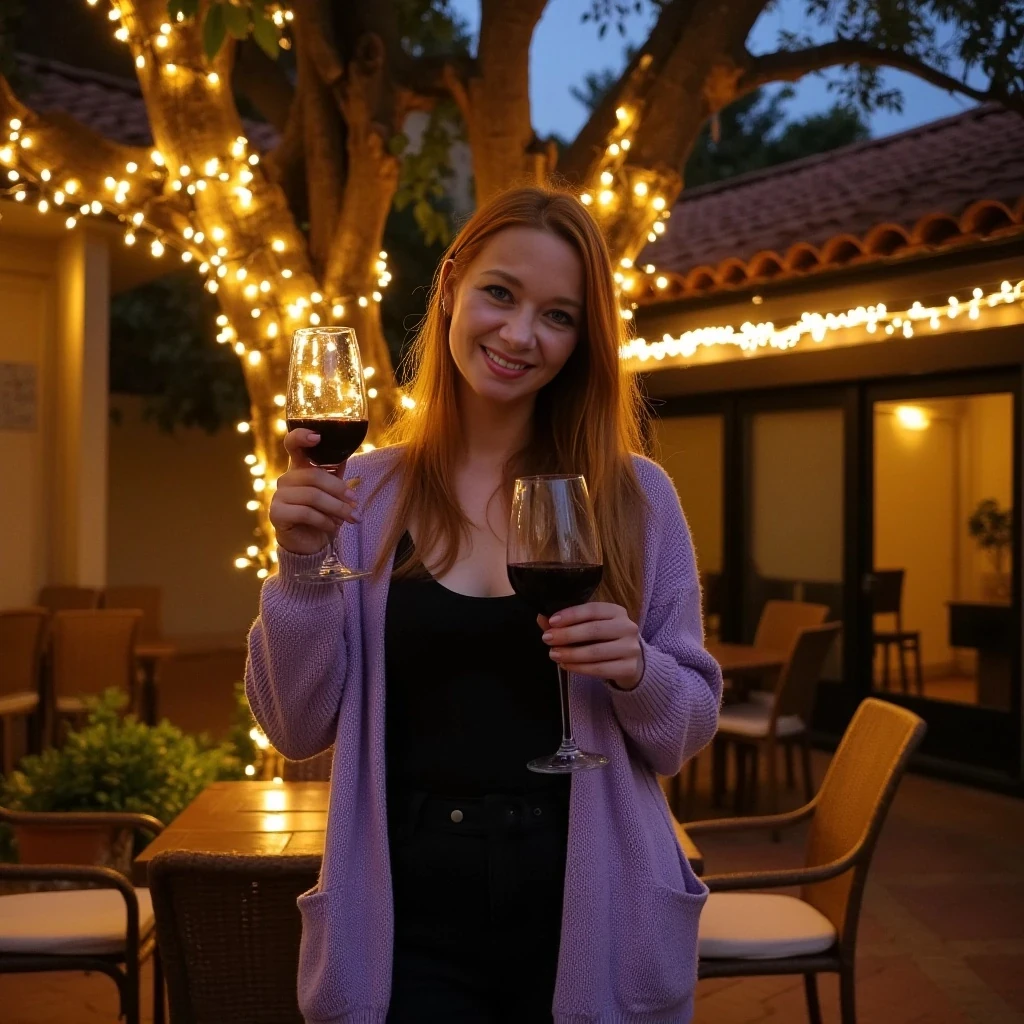 A full body shot photo of a woman standing outdoors at a cozy, warmly lit patio in the evening, with soft, glowing lights wrapped around a tree behind them creating a charming atmosphere. The image is rich in detail, with warm tones and clear textures throughout. The woman has fair skin, a slim build, and long reddish-blonde hair, also worn loose. She is smiling warmly at the camera, holding a glass of red wine in her right hand, and wears a soft-textured lavender cardigan over a black top. The background features a large tree with sparkling string lights wrapped around its trunk and branches, adding a magical touch to the scene. The setting suggests a private outdoor seating area, with elements like terracotta-tiled roofing, greenery, and rattan chairs contributing to a serene, inviting vibe. The overall composition is balanced, with the woman framed against the softly glowing tree, and the lighting enhances the warm, intimate feel of a quiet evening shared among friends. The details are vivid, with textures of clothing, skin, and background elements clearly visible, while the warm lighting creates a relaxed and joyful mood