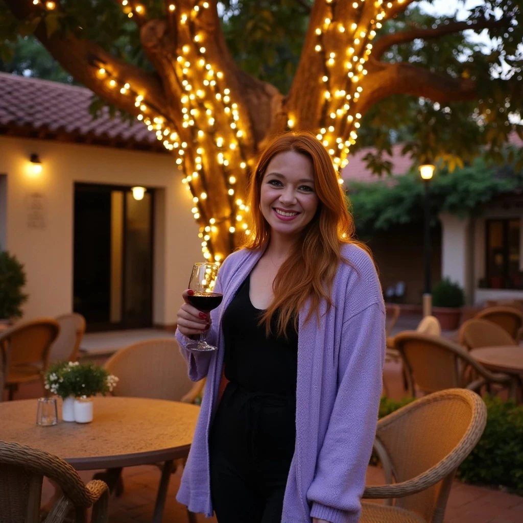 A full body shot photo of a woman standing outdoors at a cozy, warmly lit patio in the evening, with soft, glowing lights wrapped around a tree behind them creating a charming atmosphere. The image is rich in detail, with warm tones and clear textures throughout. The woman has fair skin, a slim build, and long reddish-blonde hair, also worn loose. She is smiling warmly at the camera, holding a glass of red wine in her right hand, and wears a soft-textured lavender cardigan over a black top. The background features a large tree with sparkling string lights wrapped around its trunk and branches, adding a magical touch to the scene. The setting suggests a private outdoor seating area, with elements like terracotta-tiled roofing, greenery, and rattan chairs contributing to a serene, inviting vibe. The overall composition is balanced, with the woman framed against the softly glowing tree, and the lighting enhances the warm, intimate feel of a quiet evening shared among friends. The details are vivid, with textures of clothing, skin, and background elements clearly visible, while the warm lighting creates a relaxed and joyful mood