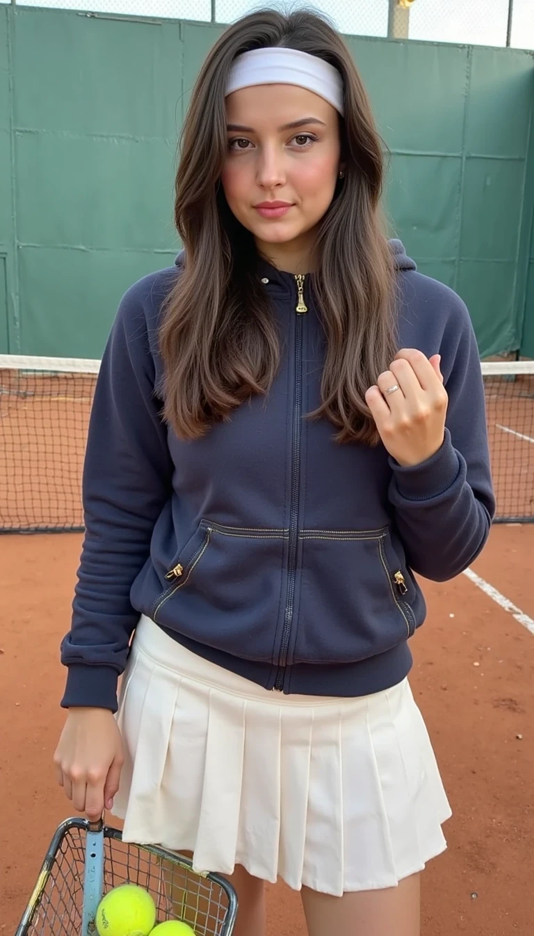 boring low quality snapchat photo circa 2015 of CSTMDL, Young woman, early 20s, light-skinned, holding tennis racket and ball, casual sporty style.  Long brown hair, Navy blue zippered sweatshirt, gold accents.  White pleated tennis skirt. White headband.  Serene expression, neutral pose, slightly angled right.  Outdoor tennis court setting; reddish-orange court surface, bright green netting background.  Soft natural lighting.  Tennis balls in metal basket near feet.  Perspective is slightly low-angle, close-up.  Focus on subject, soft focus on background.  Casual, fashionable, athletic vibe.  Slight shadowing around subject.  Outdoor sports fashion aesthetic, youthful.