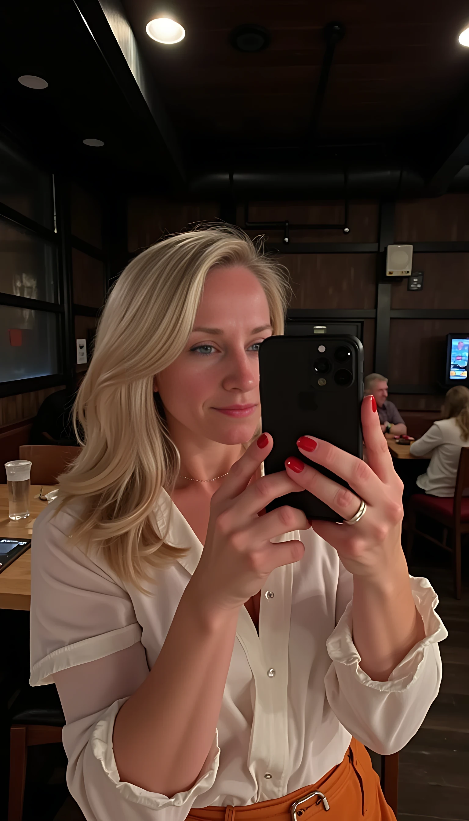 CSTMDL  blonde woman selfie in a dimly lit restaurant, cute skirt and shirt, holding a black iphone,  low quality snapchat style
