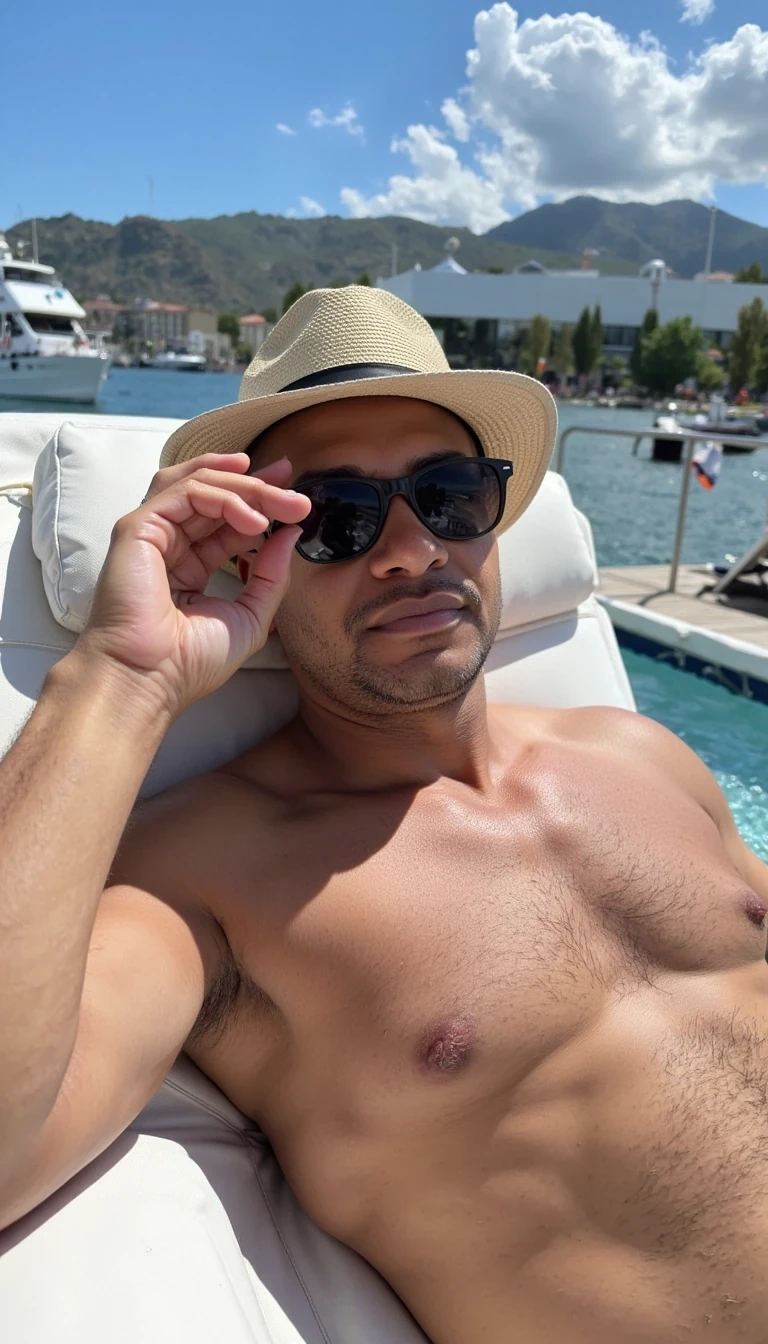 Human filter, luxury yacht, preppy look, laying on lounger, hat and sunglasses, real and younger look of Carter, man, cstmdl