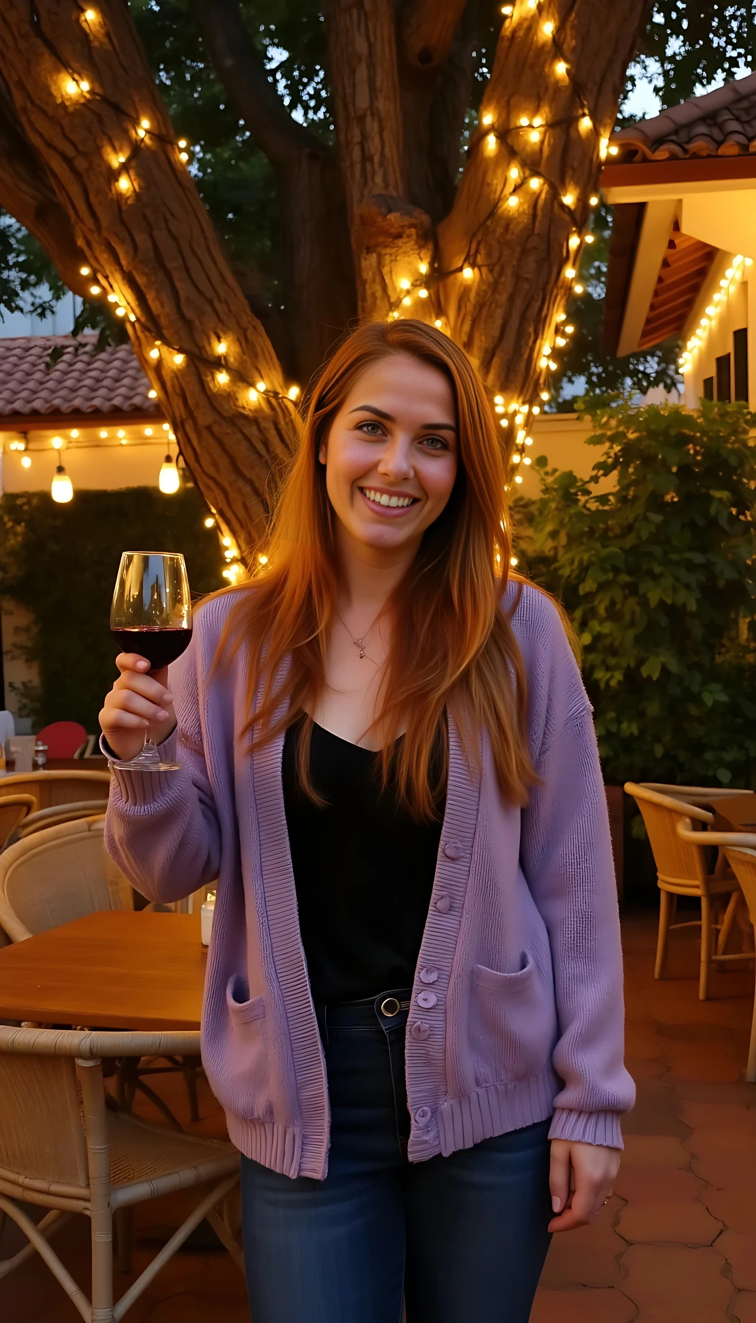A full body shot photo of a woman standing outdoors at a cozy, warmly lit patio in the evening, with soft, glowing lights wrapped around a tree behind them creating a charming atmosphere. The image is rich in detail, with warm tones and clear textures throughout. The woman has fair skin, a slim build, and long reddish-blonde hair, also worn loose. She is smiling warmly at the camera, holding a glass of red wine in her right hand, and wears a soft-textured lavender cardigan over a black top. The background features a large tree with sparkling string lights wrapped around its trunk and branches, adding a magical touch to the scene. The setting suggests a private outdoor seating area, with elements like terracotta-tiled roofing, greenery, and rattan chairs contributing to a serene, inviting vibe. The overall composition is balanced, with the woman framed against the softly glowing tree, and the lighting enhances the warm, intimate feel of a quiet evening shared among friends. The details are vivid, with textures of clothing, skin, and background elements clearly visible, while the warm lighting creates a relaxed and joyful mood