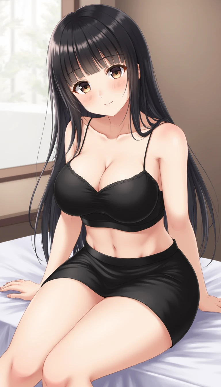 1girl, solo, long hair, breasts, looking at viewer, smile, bangs, skirt, large breasts, black hair, brown eyes, cleavage, bare shoulders, sitting, underwear, closed mouth, collarbone, parted lips, midriff, indoors, black skirt, bra, lips, head tilt, bare arms, makeup, lipstick, black bra, straight hair, between legs, pencil skirt, eyeshadow, hand between legs, pink lips, nose, photo (medium), spaghetti strap, eyeliner, real life, mascara