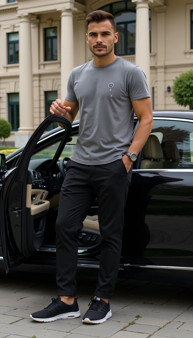 Photorealistic full-body photo of a young handsome man, he wears grey t-shirt, long elegant trousers, black sneakers, He is standing near the Mercedes S-Class Maybach and opening the driver's door. He is facing to camera


Lifestyle influencer aesthetic, cinematic realism, ultra-detailed, 8K
The photo feels cinematic, influencer-style, high quality, professional composition.
Well lit picture, Style: Photorealistic Lighting: studio lighting 
Details: Bright Lighting, High Detail, 4K
he stand infront of camera , photoghraped by a photograph
