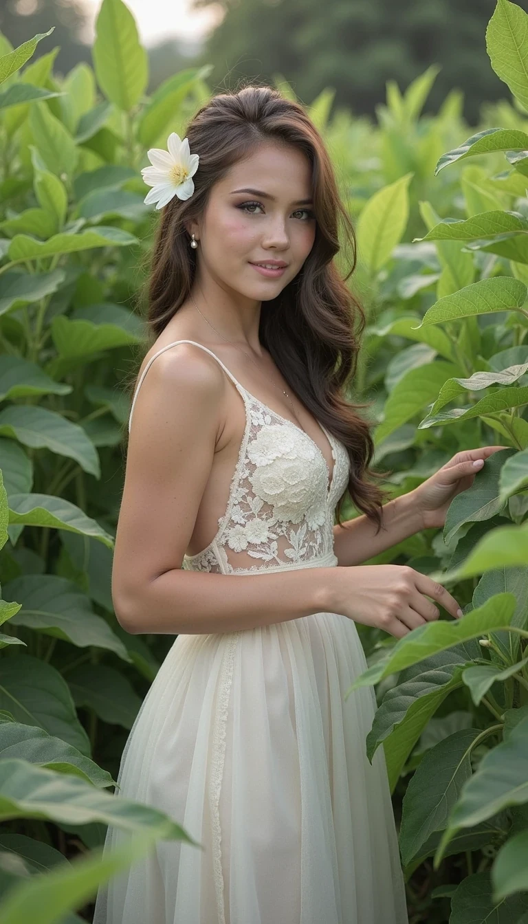 Capture a young woman gracefully poised in a field of lush greenery, showcasing intricate details of her dress and face. The dress, an elegant blend of white and soft ivory lace, features floral cutouts and a flowing skirt that cascades gently around her. The model has long, flowing hair adorned with a single white flower, adding a touch of natural beauty. Soft, diffused lighting enhances the serene atmosphere, casting gentle shadows that create depth in the foliage surrounding her. The composition is balanced, drawing the viewer's eye to the interplay between the delicate fabric of her dress and the vibrant green leaves that frame her. Focus on the textures and patterns of both the garment and the lush environment, emphasizing a harmonious connection with nature. Use a shallow depth of field to blur the background slightly, allowing the subject to stand out while maintaining an organic feel. Capture the image in vibrant color, highlighting the intricate embroidery and delicate lace details in the dress.
