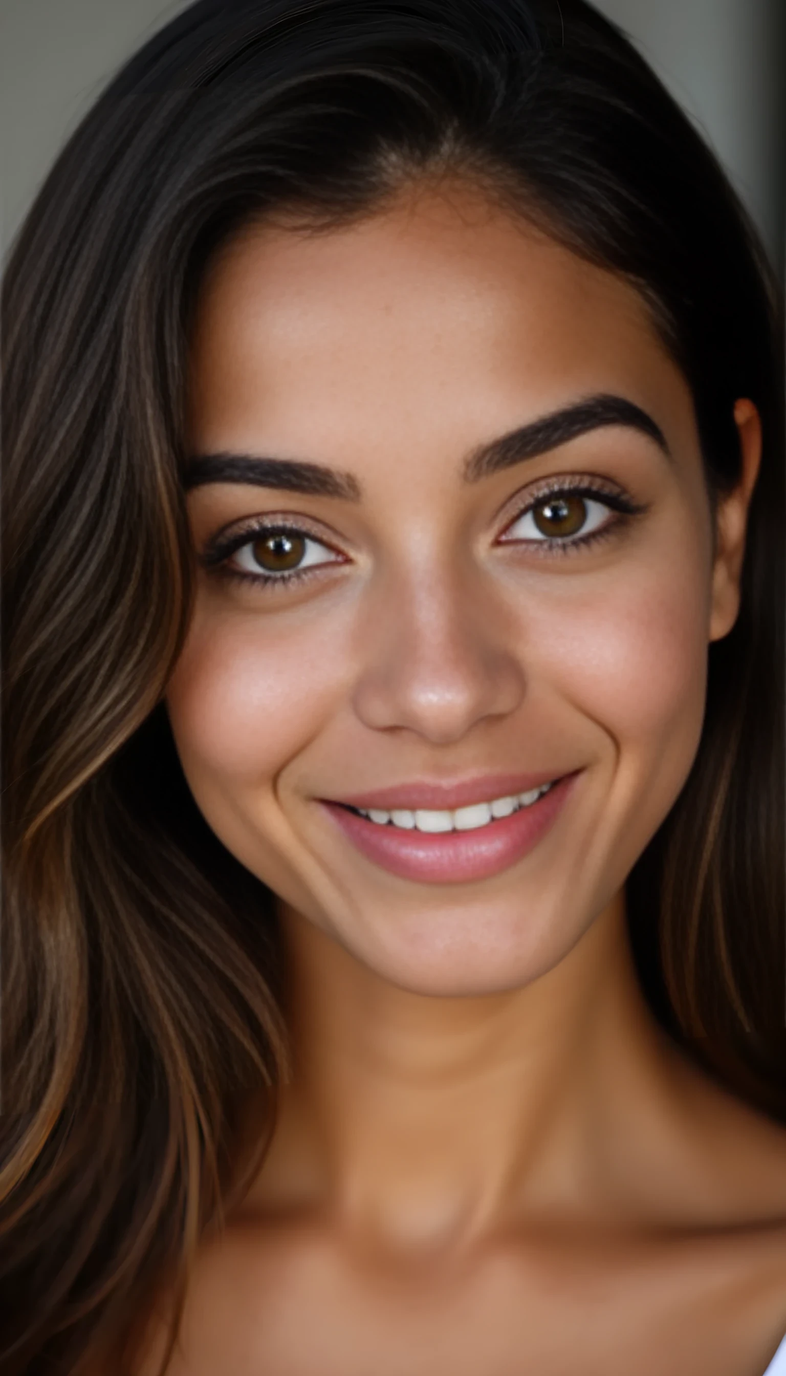 A studio-quality portrait photo full face of a beautiful 21 years old model, mixed ethnicity of half white American half Brazilian, with brunette hair, ultra detailed eyes with sharp iris reflections, slight smile