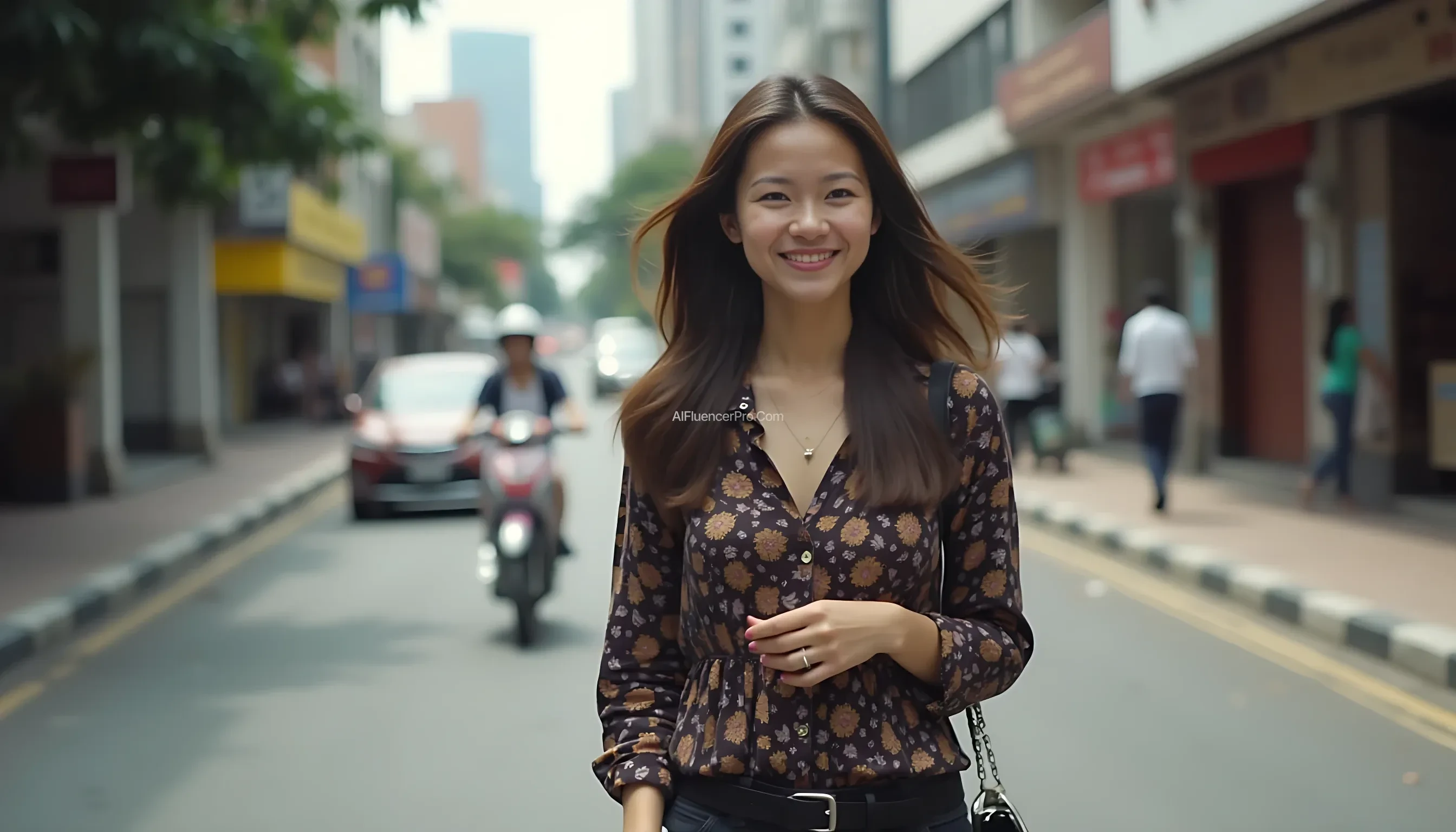 boring low quality snapchat photo circa 2015, A young eurasian mix with malay and dutch genes, she is a 31 year old Malaysian woman with a warm smile. She walking on petaling street in Kuala Lumpur strutting her stuff. Showing off her modern fashion but chic look. 