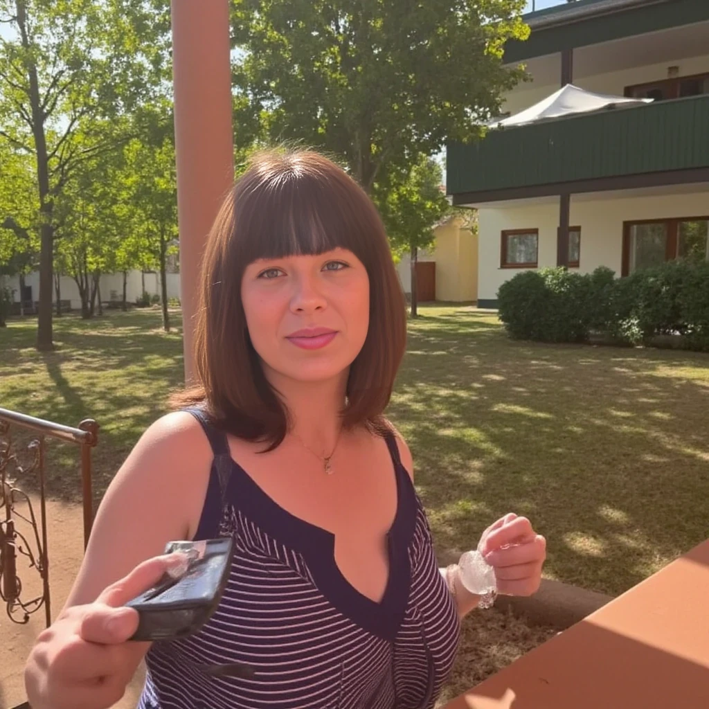 Portrait of a beautiful 30-year-old german woman with straight dark brown hair and bangs, Slim body, big breasts, tanned, tall