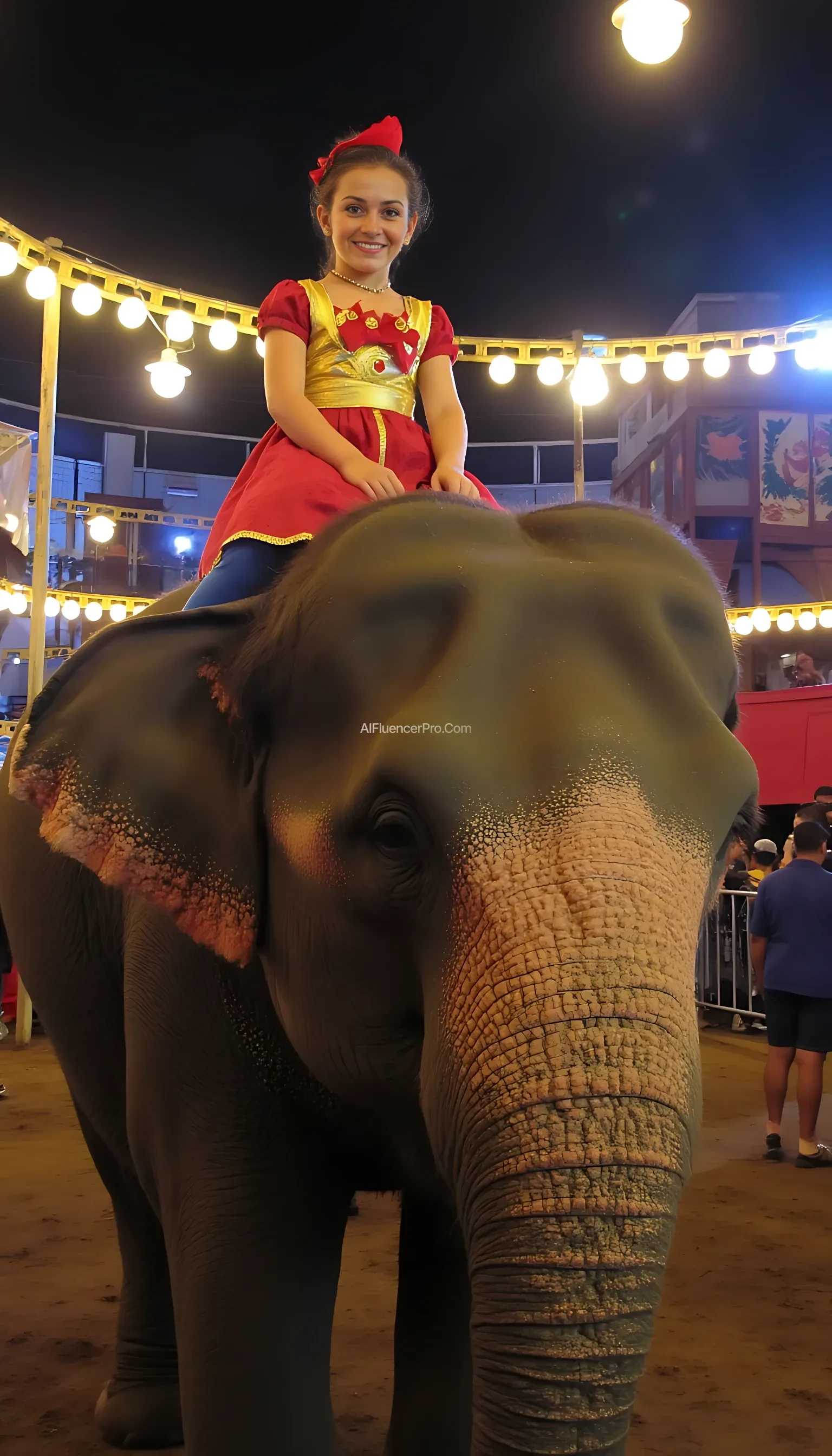 Female little person at a circus on a elephant 