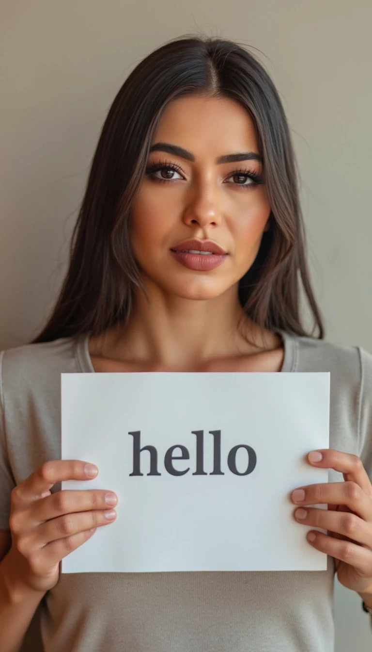photo of cute woman CSTMDL, boring low quality snapchat photo circa 2015, cute woman, selfie, holding a paper that says “hello” , wall background