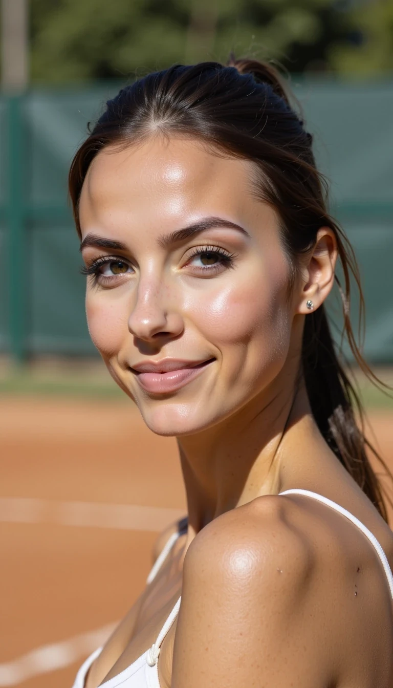 Medium close up Photoshoot of CSTMDL woman in tennis court doing stylish photoshoot