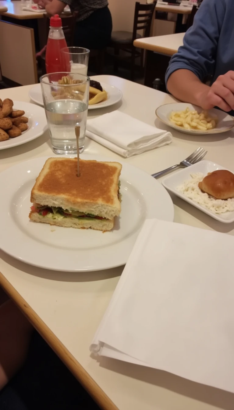 boring low quality snapchat photo circa 2015, this picture is being taken in a restaurant. The picture is of sandwich with a glass of water next to it. There are other food dishes and drink glasses on the table as well.  All the food dishes are white.