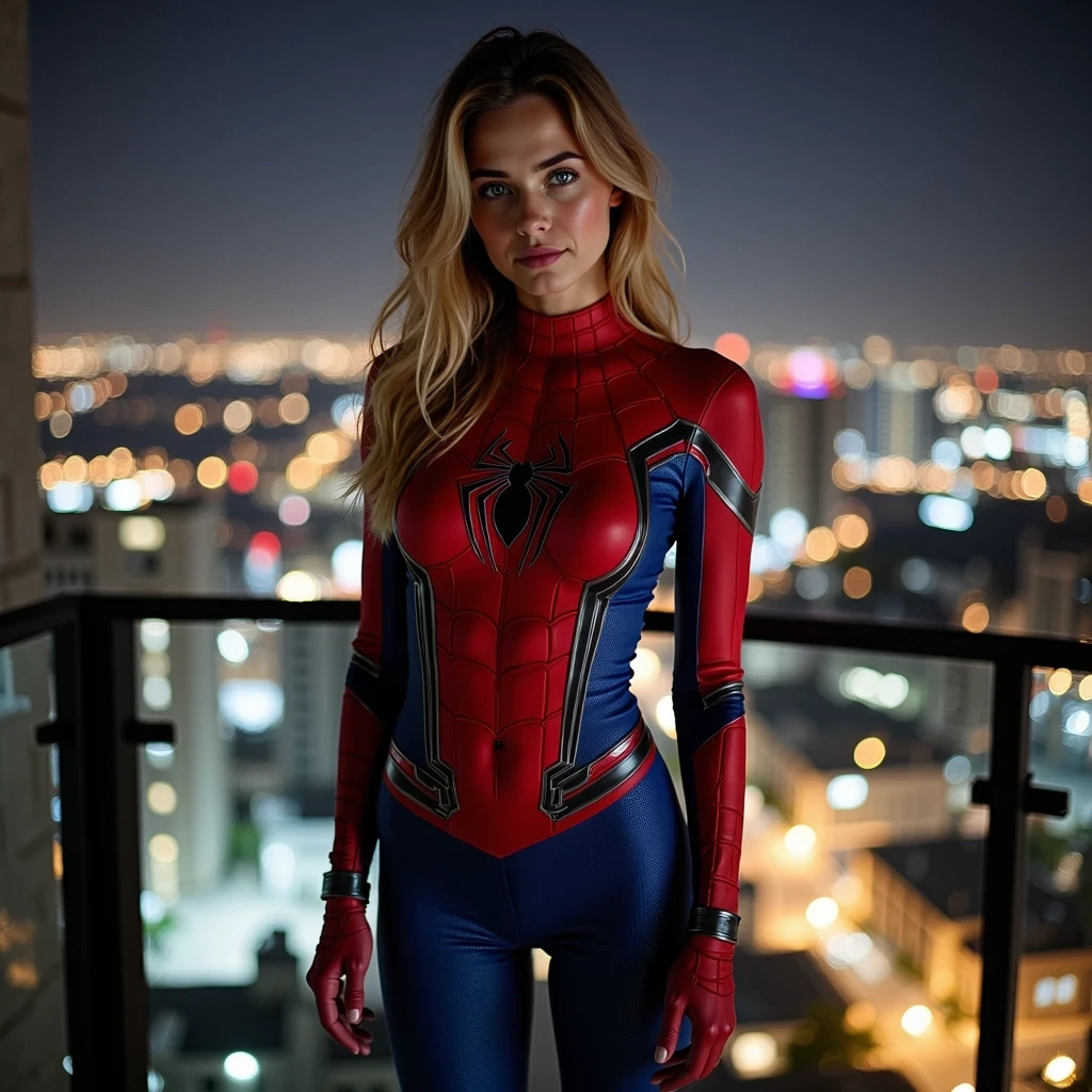 CSTMDL wearing a tight, high-quality Spider-Man cosplay suit, standing on a high balcony at night with a glowing city skyline in the background. The suit is red and blue with detailed web patterns, perfectly fitted and shiny with realistic fabric texture. She has blonde hair flowing down naturally, blue eyes Urban night photography, well lit, cinematic lighting, ultra realistic cosplay photoshoot, full-body portrait.