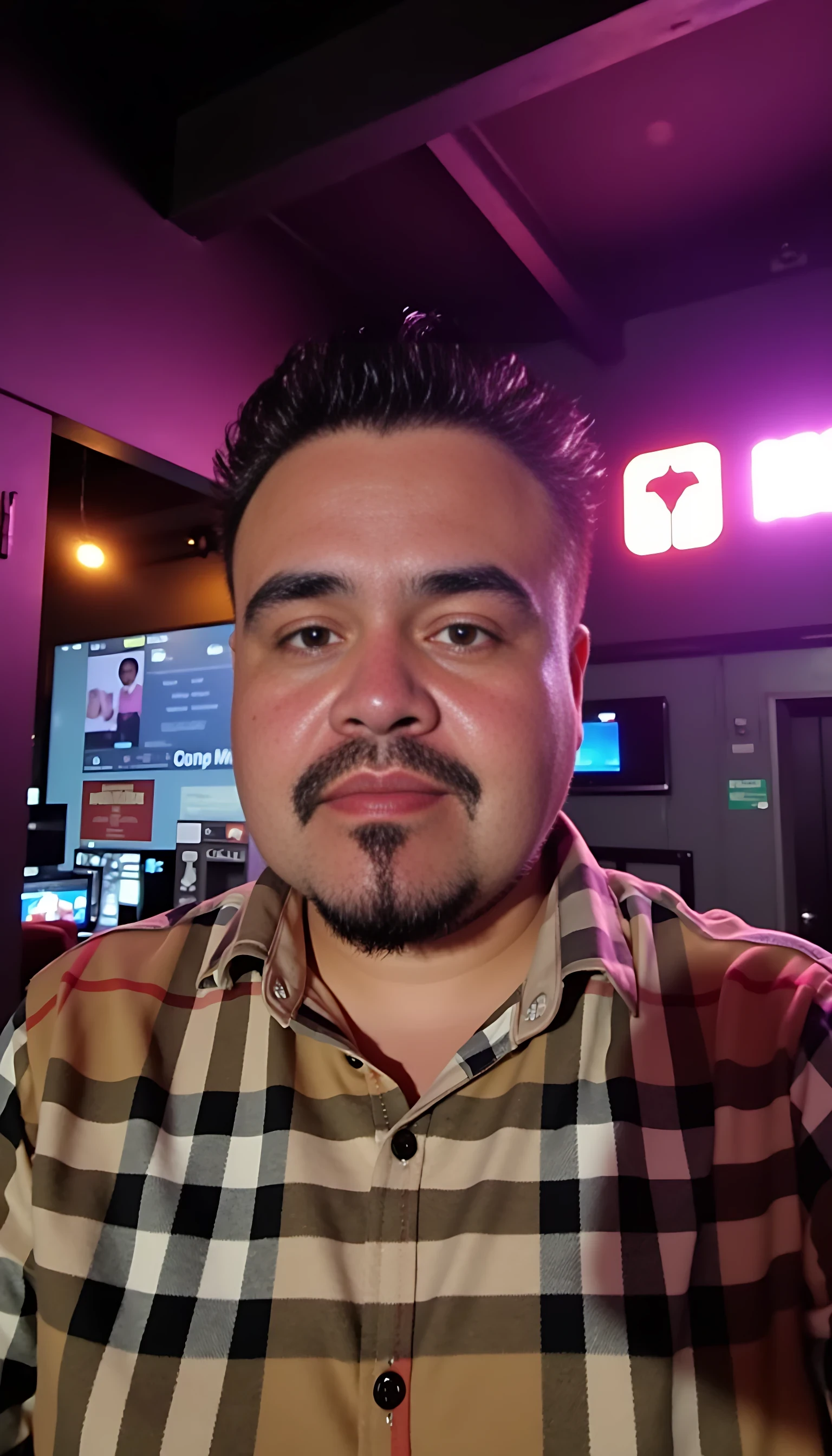 CSTMDL  selfie man average body wearing a Burberry shirt standing 
With nightclub background 