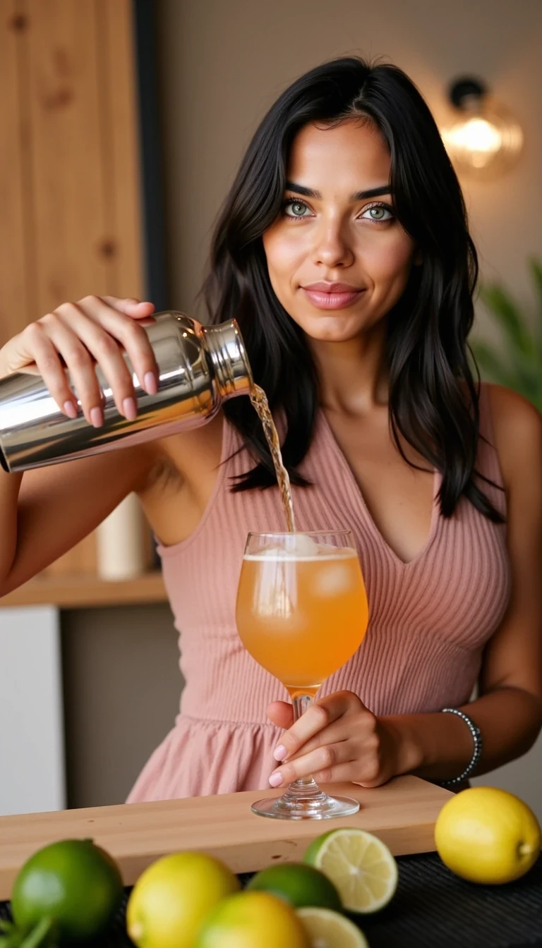 CSTMDL A stunning AI influencer with long black hair and light blue eyes, wearing a chic summer dress, stands behind a stylish bar setup. She is smiling while preparing a cocktail, gracefully pouring a bright-colored drink into a crystal glass filled with ice. On the bar counter, there are fresh lime slices, mint leaves, and a shaker. The background is elegant with soft lighting and tropical vibes, making the scene look fresh, classy, and inviting. Capture her mid-action as she stirs or garnishes the cocktail, creating a glamorous lifestyle moment..