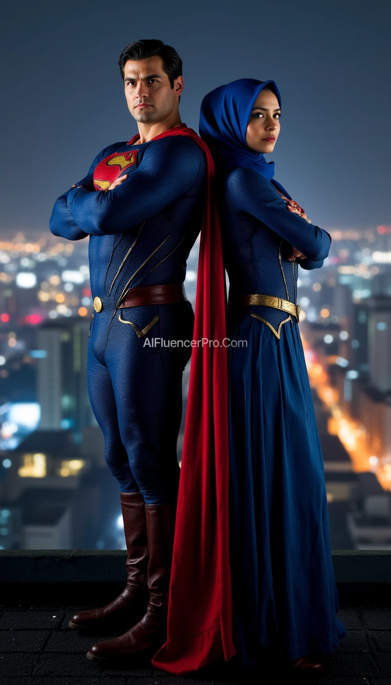 Superman and his girlfriend stand back-to-back on a tall building rooftop, overlooking a brightly lit city at night. She wears a hijab and a loose superhero costume, featuring a blue top with a red 'S' logo on the chest, an elegant flowing blue long skirt, a red cape billowing in the wind, and a matching hijab integrated seamlessly into the costume. Both strike a powerful pose: Superman crosses his arms over his chest, while his girlfriend stands tall with hands on her hips, exuding strength and confidence. The image is captured from the front (front view), close-up from the waist up, highlighting their determined and serious expressions. The background features a glowing cityscape, cinematic atmosphere, ultra-realistic, highly detailed, with dramatic lighting and vibrant color contrast.
