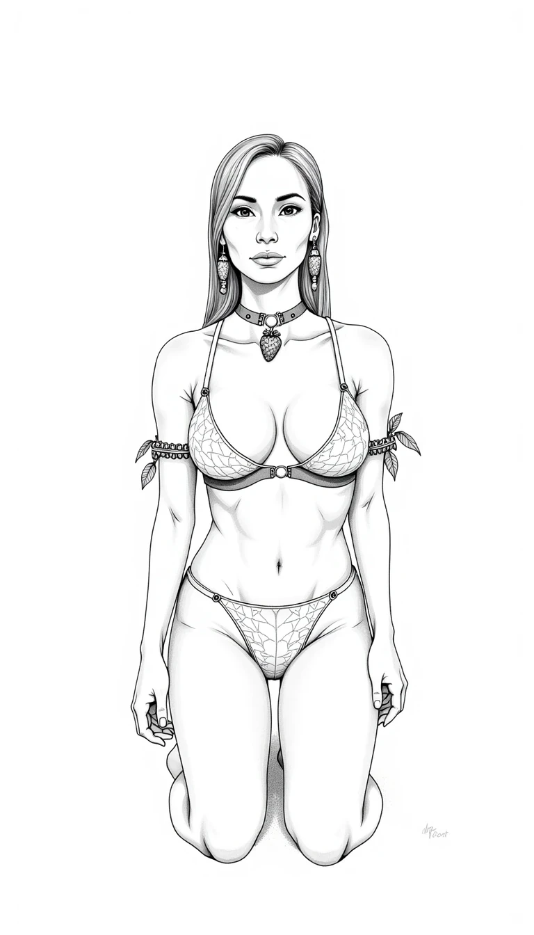 Handdrawn black and white ink line art of CSTMDL ... a 25-year-old native American woman. The woman who is Native American in appearance has light tan skin tone, she is 5 foot 8 inches tall, small breasts, flat chest, her nipples are small petite and dark skinned with long hard pointy nipple ducts that visiblly poke through her bra. She is wearing her hair in a native American style with 2 long braids. She is wearing real strawberry earrings. She is wearing a wide leather choker with a strawberry hanging from it. She is wearing a top that consists of two real snapping turtle shells shaped like turtle shells with a defined rigid esthetic exterior on the surface in a dark green palette, a turtle shell fitted over each breast, they only cover her nipples, her turtle shells are strung together only in the middle of her chest there are no strings on her shoulders to turn them both into a bra. They look rigid and tough. They are real turtle shells. There are real vines with strawberries hanging from outfit real vines with strawberries on them. The woman has vines and strawberries wrapped loosely around each arm. She is kneeling on the ground with legs spread apart towards the camera. She is maintaining intense eye contact with the camera staring stoically without any other expression at all. The composition captures a casual, candid moment, romantic setting, Hyper realism, captured with a nikon d850, 16k, uhd, ultra-sharp focus, depth of field, perfect meshes and textures, highly detailed, highly accurate reflections, volumetric fog, volumetric lighting, volumetric light, hdr, ray tracing, cinematic shooting style,