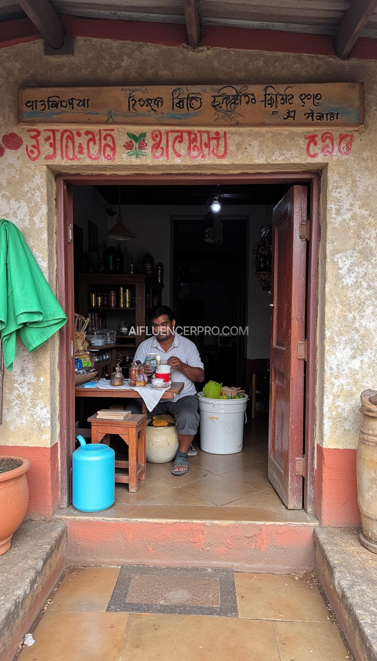 a shop with name Saranya Gopal's Tea shop - a local indian tea shop in a village probably in taminadhu with 2 village people drinking tea inside the shop 