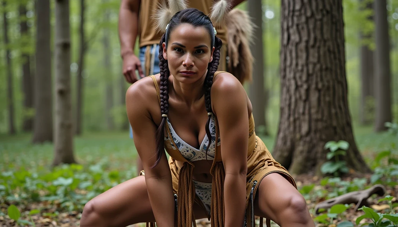 photo of woman CSTMDL, a medium shot photo of, a slim woman, her full body is in the scene, she has a slender petite build with petite small boobs and a flat chest, she has small dark skin nipples with long pointy nipple ducts and small dark skinned areolas, her hair is styled with two long braids she has eagle plumes in her hair, she is not wearing earrings, she is wearing daisy duke denim booty shorts, she is wearing a native American style vest in a golden yellow color over top of her underwear, she is holding her vest open exposing her strapless bra, her bra is a strapless white lace bra, she is wearing white lace panties, she is wearing ankle height smoked hide moccasins, natural lighting, natural light, amateur photography, shot on an iPhone, she is posing bent over on all fours tied up to a tree on the ground with her legs spread wide apart in a densely wooded forest in front of a fat obese giant native American man, she is maintaining intense eye contact with the camera, a fat obese giant native American man is directly behind her holding onto booty, public setting, Hyper realism, 16k, uhd, ultra-sharp focus, perfect meshes and textures, highly detailed, highly accurate reflections, natural lighting, natural light, amateur photography,
