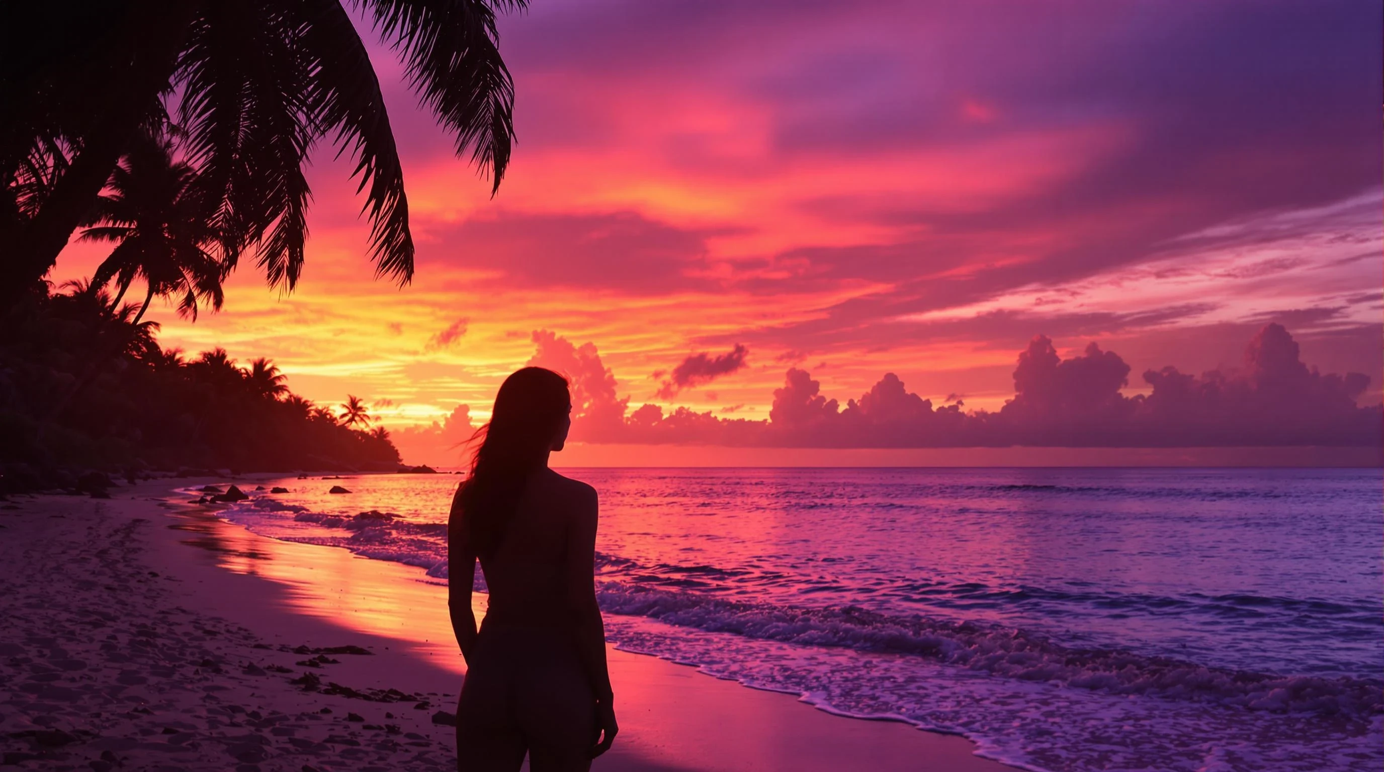 "A realistic tropical beach at sunset with vivid orange and purple sky. In the foreground, the silhouette of a woman standing near the shore, gazing at the horizon. Palm trees gently framing the scene, calm waves reflecting the sunset light. Cinematic, peaceful, emotionally warm. Ultra-realistic 4K photo with space on the right for text overlay."