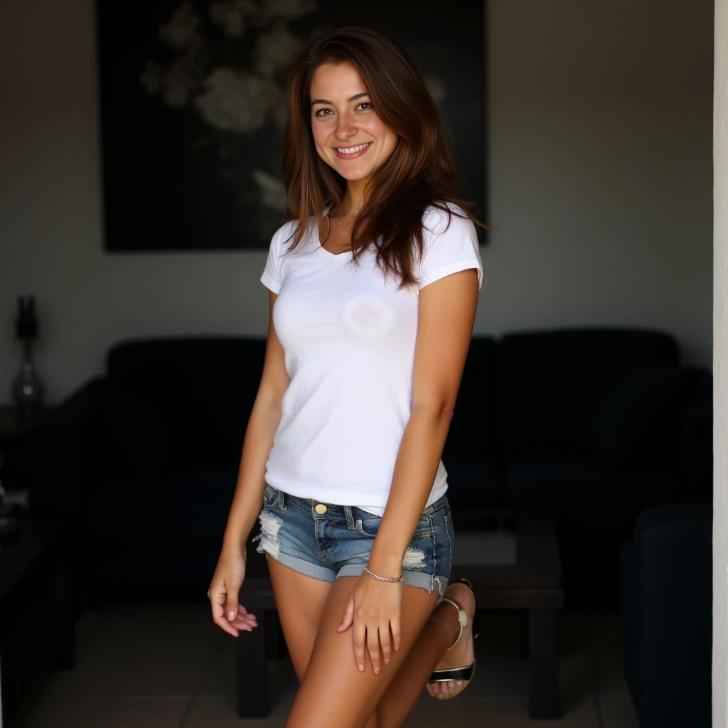 A full body shot of a 25 years old tanned Spanish woman with very small beautiful breasts, small waist, regular hips, and medium length wavy soft brown hair, wearing a tight white t-shirt, without bra, jeans shorts, an anklet, and open sandals. Posed leaning forward with a slight side turn, head tilted left, cheerful gaze, indoors with a blurred background featuring a dark couch and wall art.