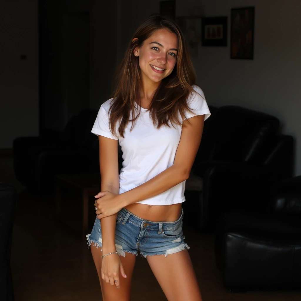 A full body shot of a 25 years old tanned Spanish woman with very small beautiful breasts, small waist, regular hips, and medium length wavy soft brown hair, wearing a tight white t-shirt, without bra, jeans shorts, an anklet, and open sandals. Posed leaning forward with a slight side turn, head tilted left, cheerful gaze, indoors with a blurred background featuring a dark couch and wall art.