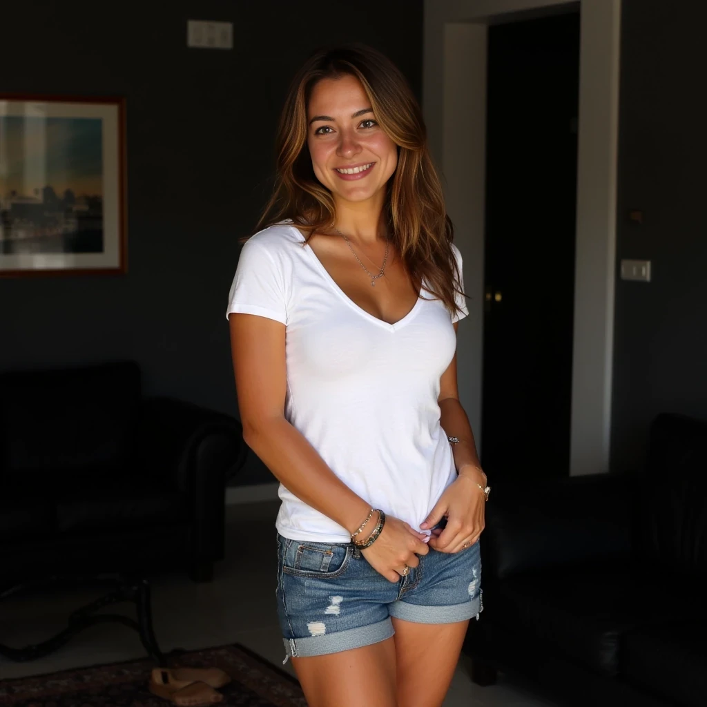 A full body shot of a 25 years old tanned Spanish woman with very small beautiful breasts, small waist, regular hips, and medium length wavy soft brown hair, wearing a tight white t-shirt, without bra, jeans shorts, an anklet, and open sandals. Posed leaning forward with a slight side turn, head tilted left, cheerful gaze, indoors with a blurred background featuring a dark couch and wall art.