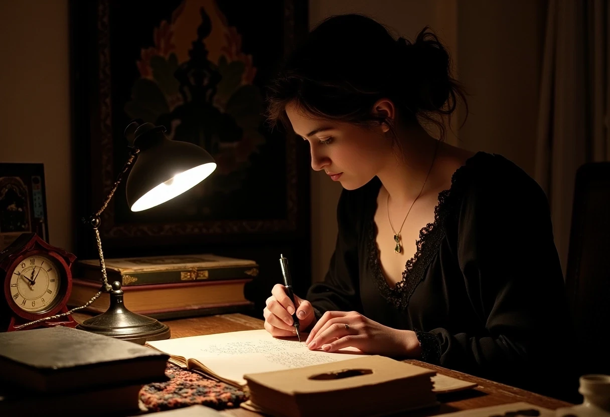 photo of woman CSTMDL, brunette, small pendant, no watch, no ring, hair tied, blue eyes, black night dress, working late night at her desk. The room is dark, the only light is a small art nouveau desk lamp.
She’s surrounded by a lot of old books and sheets of paper she worked on. She’s currently writing on a sheet with a beautiful vintage fountain pen.
She’s surrounded by her works in a beautiful art nouveau room with a Khmer piece of art in the background