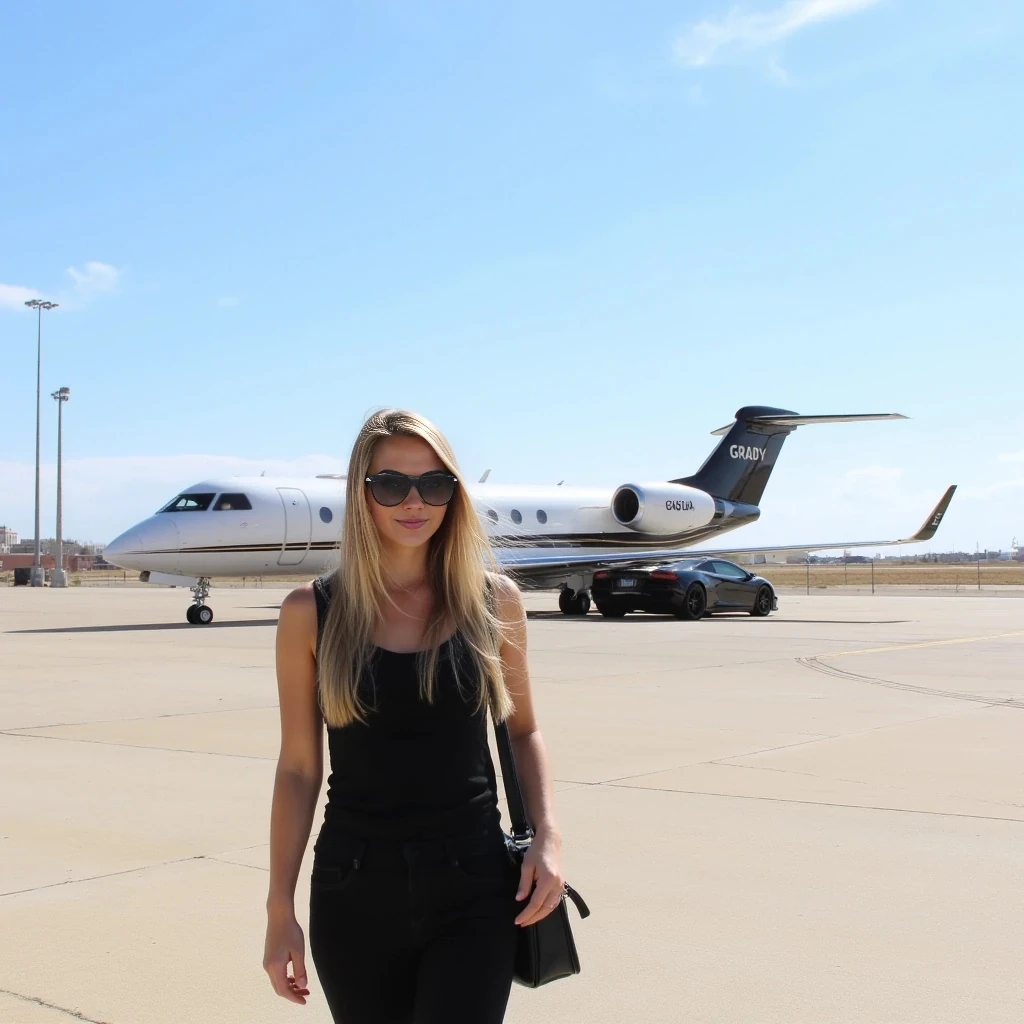 The image is a photograph featuring a young woman standing on a tarmac in front of a large private jet. The woman, positioned in the foreground, has long, straight, soft long blonde hair that cascades over her shoulders. She is wearing a slim black sleeveless top and slim black pants, with a black handbag slung over her shoulder. She also wears large, dark sunglasses, giving her a stylish, casual appearance. Her skin is fair, and she has a fit physique.

The private jet, located in the background, is a sleek, white aircraft with a black stripe running along its side. It has two engines mounted on the wings, and its tail features the word "GRADY" in black lettering. The jet is parked on a wide, smooth tarmac that extends into the distance, with faint runway markings visible. There is a black Lamborghini Aventador SV parked by the private jet.

The sky above is clear with a few wispy clouds, indicating a bright, sunny day. There are also tall, slender light poles and a few buildings visible, suggesting that the airport is in a more developed area. The overall mood of the image is one of luxury and travel.