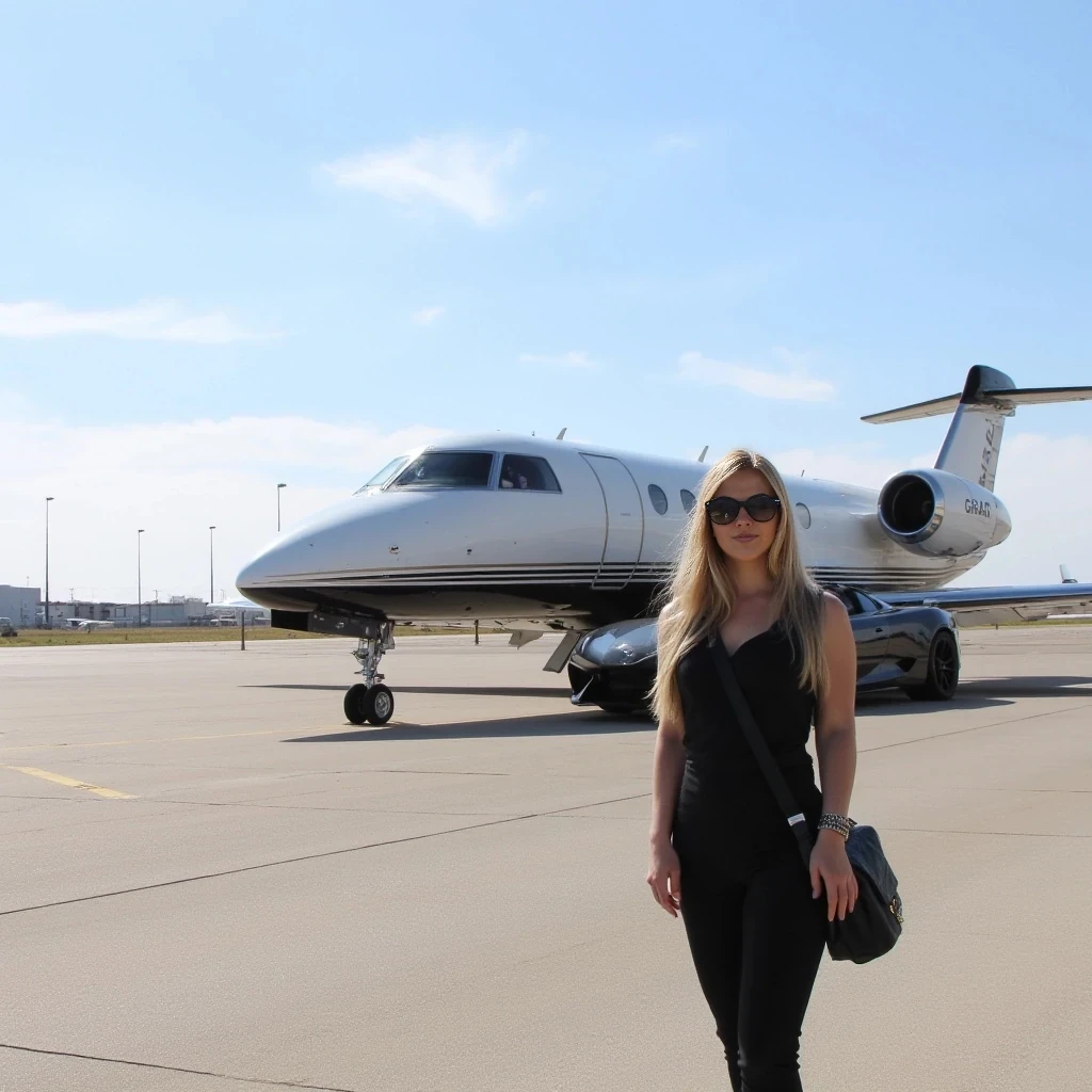 The image is a photograph featuring a young woman standing on a tarmac in front of a large private jet. The woman, positioned in the foreground, has long, straight, soft long blonde hair that cascades over her shoulders. She is wearing a slim black sleeveless top and slim black pants, with a black handbag slung over her shoulder. She also wears large, dark sunglasses, giving her a stylish, casual appearance. Her skin is fair, and she has a fit physique.

The private jet, located in the background, is a sleek, white aircraft with a black stripe running along its side. It has two engines mounted on the wings, and its tail features the word "GRADY" in black lettering. The jet is parked on a wide, smooth tarmac that extends into the distance, with faint runway markings visible. There is a black Lamborghini Aventador SV parked by the private jet.

The sky above is clear with a few wispy clouds, indicating a bright, sunny day. There are also tall, slender light poles and a few buildings visible, suggesting that the airport is in a more developed area. The overall mood of the image is one of luxury and travel.