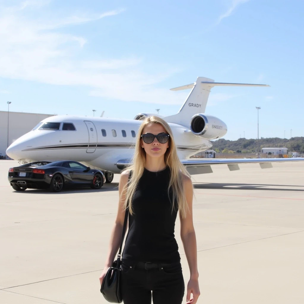 The image is a photograph featuring a young woman standing on a tarmac in front of a large private jet. The woman, positioned in the foreground, has long, straight, soft long blonde hair that cascades over her shoulders. She is wearing a slim black sleeveless top and slim black pants, with a black handbag slung over her shoulder. She also wears large, dark sunglasses, giving her a stylish, casual appearance. Her skin is fair, and she has a fit physique.

The private jet, located in the background, is a sleek, white aircraft with a black stripe running along its side. It has two engines mounted on the wings, and its tail features the word "GRADY" in black lettering. The jet is parked on a wide, smooth tarmac that extends into the distance, with faint runway markings visible. There is a black Lamborghini Aventador SV parked by the private jet.

The sky above is clear with a few wispy clouds, indicating a bright, sunny day. There are also tall, slender light poles and a few buildings visible, suggesting that the airport is in a more developed area. The overall mood of the image is one of luxury and travel.