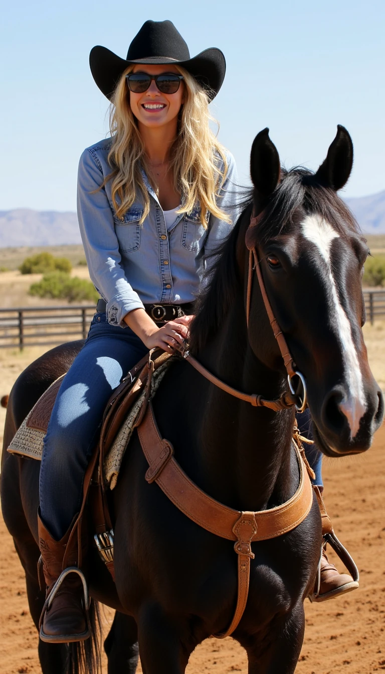 A photorealistic image of a 29-year-old lady with long blonde wavy hair, with medium size breasts and a perfect white smile, wearing a traditional black cowboy hat and tight wrangler jeans, cowboy boots, wearing sunglasses, riding a big black stallion