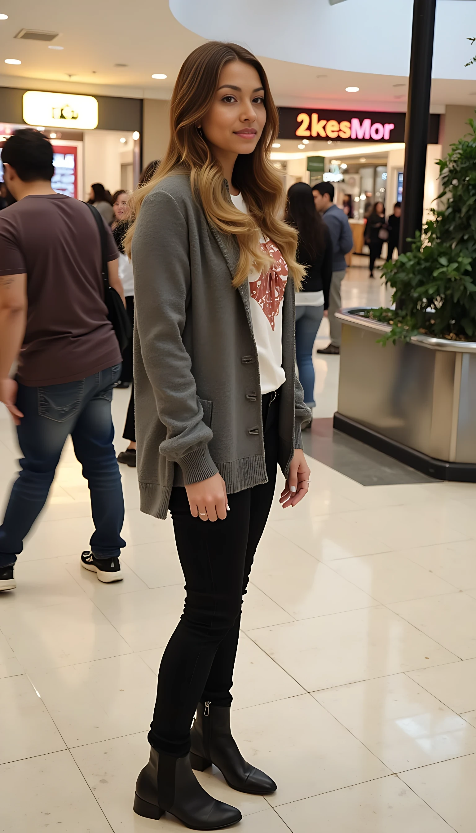 boring low quality snapchat photo circa 2015, average looking woman of CSTMDL, full outfit, standing, soft light brown hair, mall background