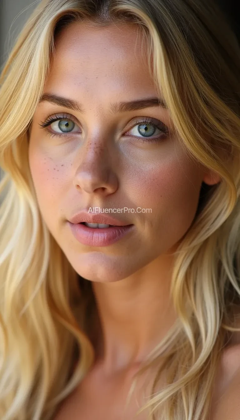 Portrait of the most beautiful blonde woman in the world, radiant golden hair framing her face, sparkling blue eyes, soft natural smile, flawless skin texture with subtle freckles, delicate features, cinematic lighting, ultra-realistic, intricate details, studio-quality photography, shallow depth of field, sharp focus on the face, soft blurred background, glowing warm tones.
